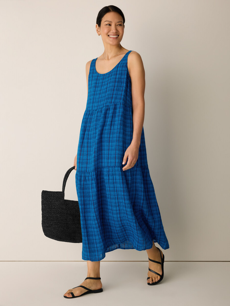 Puckered Organic Linen Plaid Tiered Dress 3
