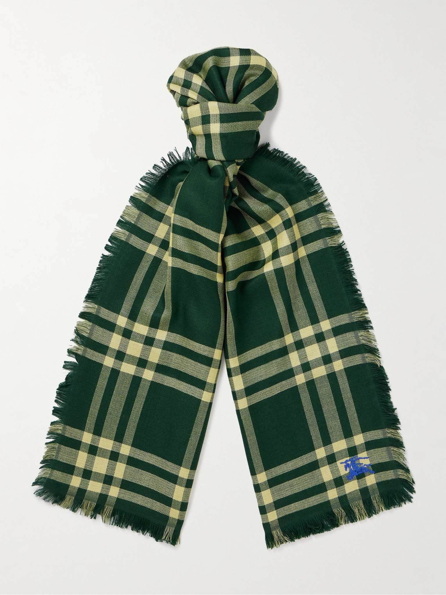 Fringed Logo-Embroidered Checked Wool-Blend Scarf - 1