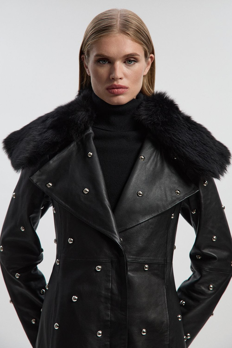 Leather & Shearling Collar Studded Belted Maxi Coat 3