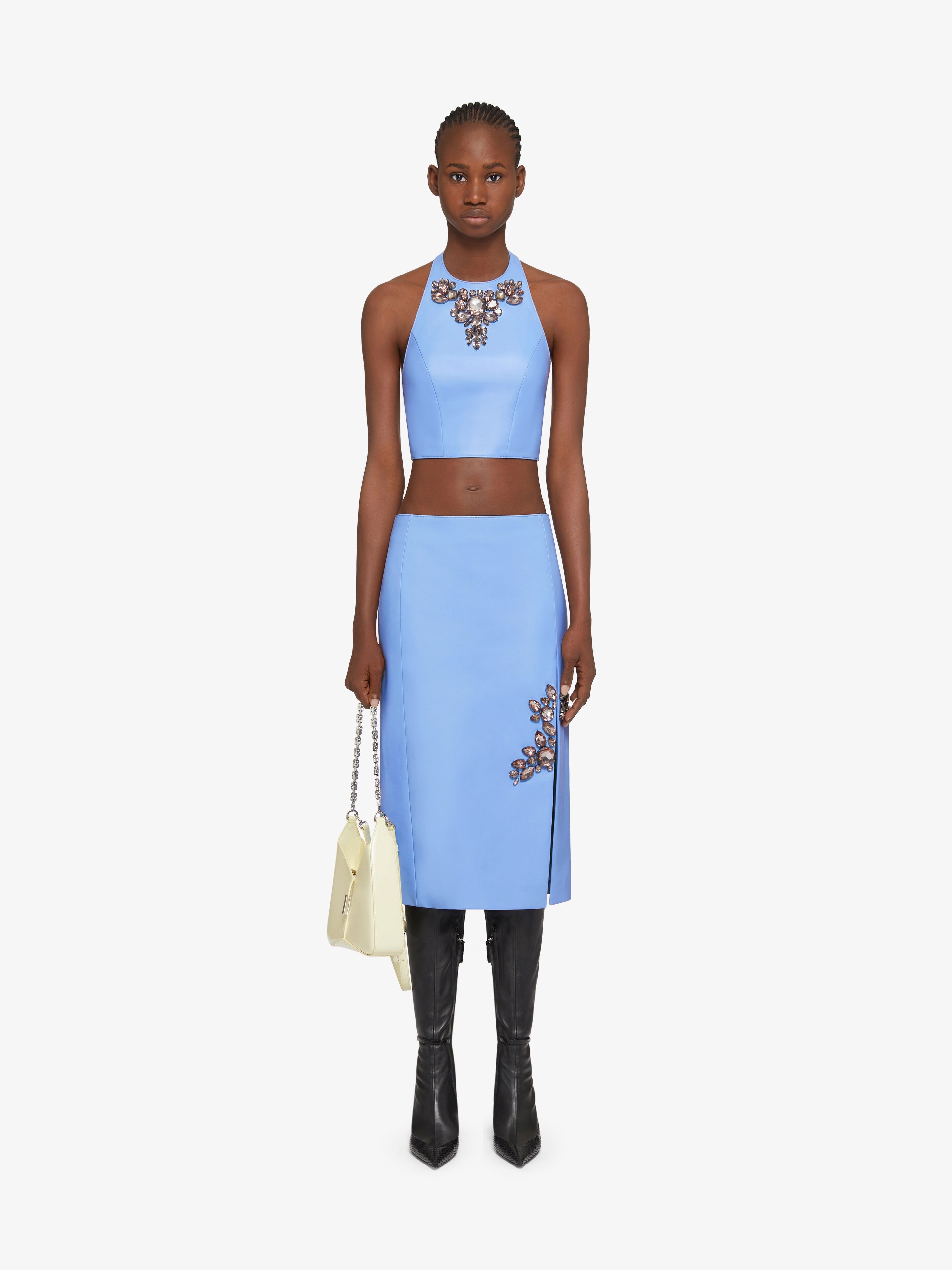 CROPPED TOP IN LEATHER WITH EMBROIDERED STONES - 2