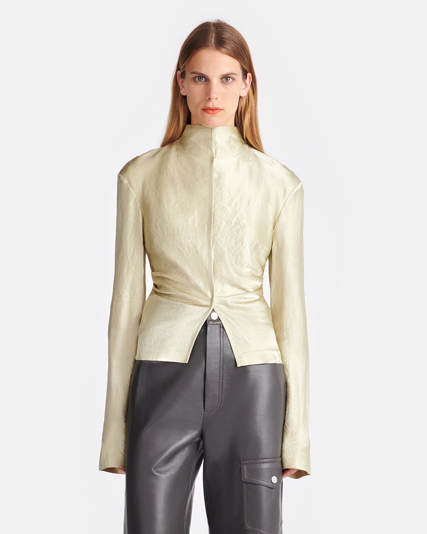 Crinkled-Satin Turtleneck Top - 1