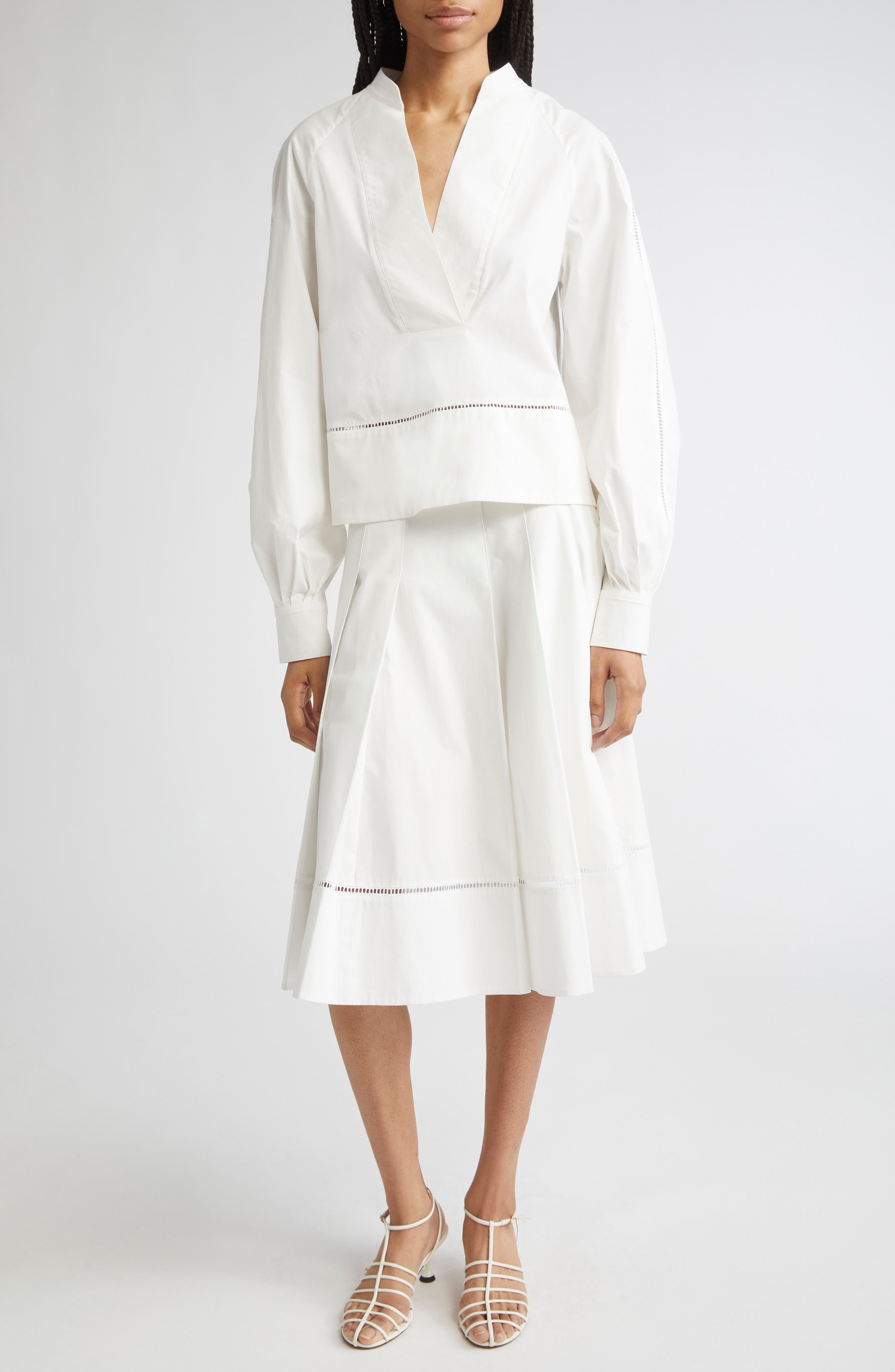 Proenza Schouler Laci Ladder Stitch Inset Pleated Stretch Cotton Poplin Skirt in White at Nordstrom - 2