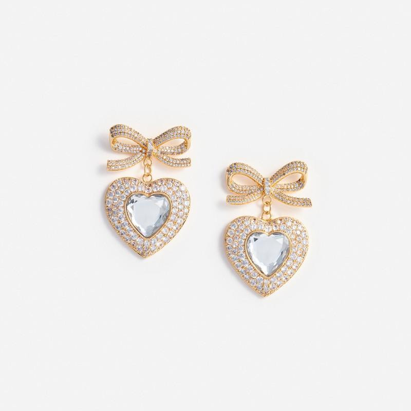 Gold Bow Crystal Heart Earrings - 1