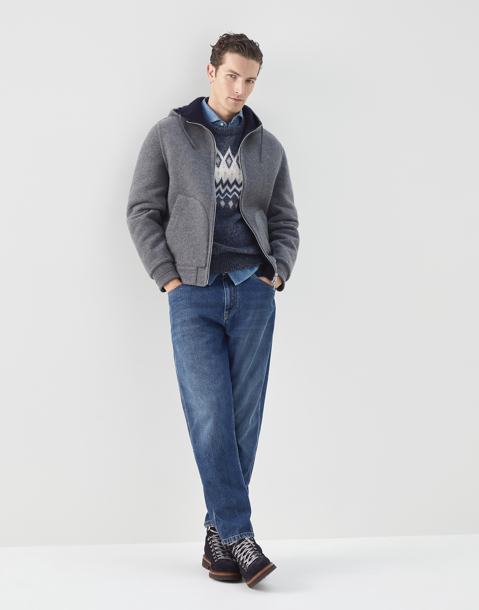 Men's Rib Padded Cashmere Jacket Flannel Grey