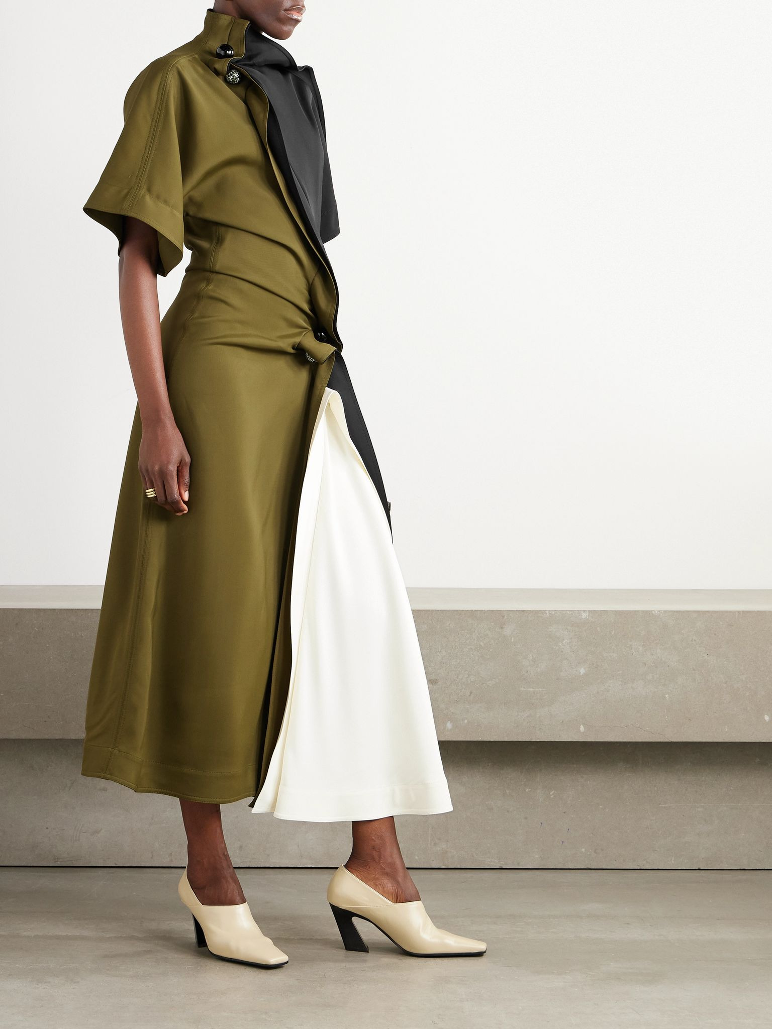Draped asymmetric color-block satin dress Dark green - 2