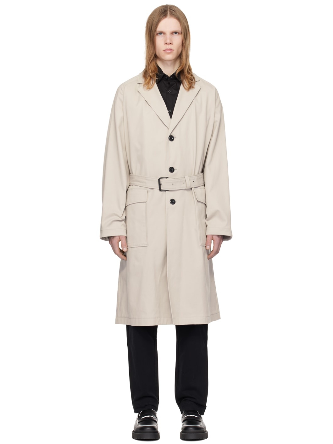 Beige Notched Lapel Trench Coat - 1