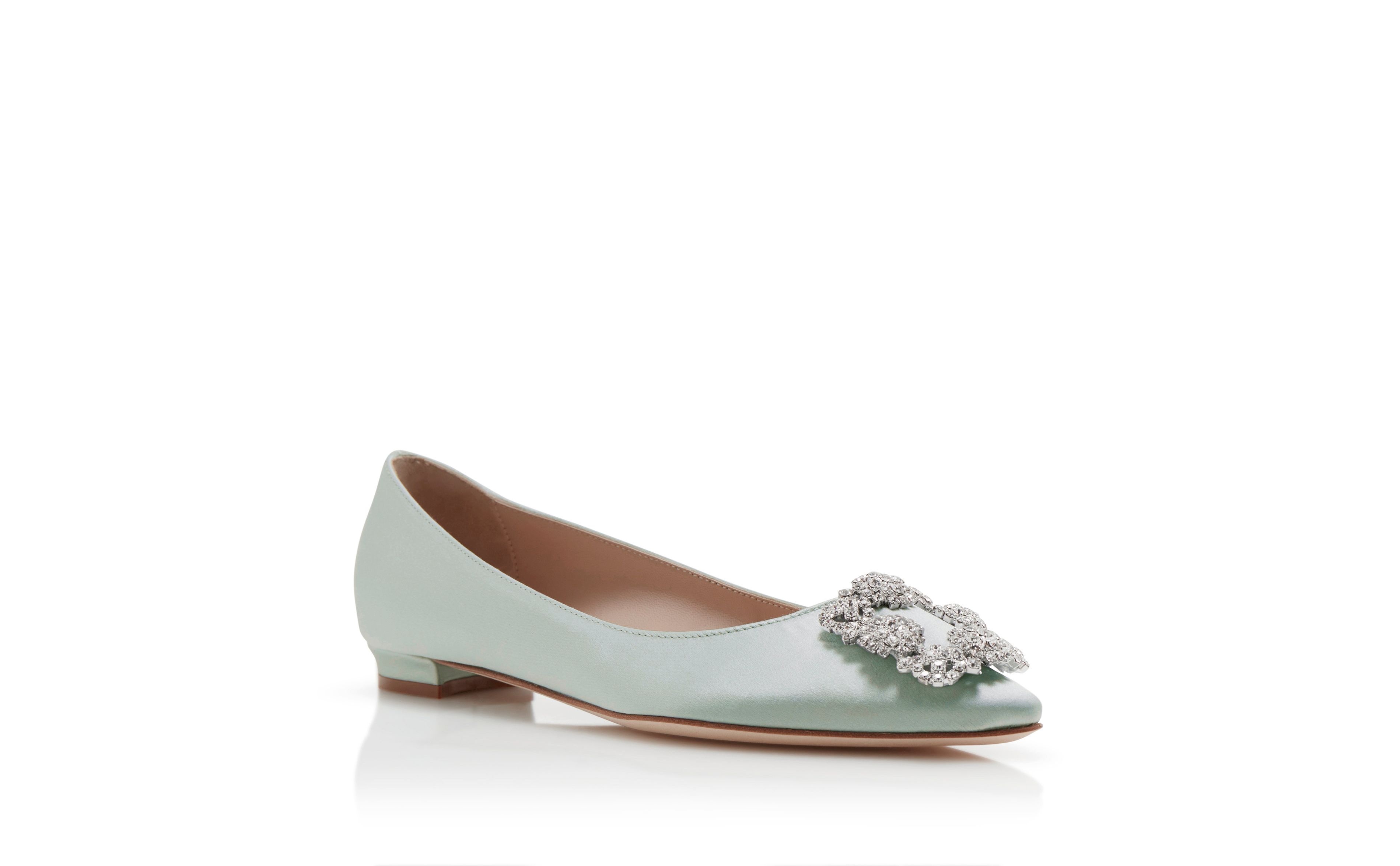 Pale Green Satin Jewel Buckle Flat Shoes - 3