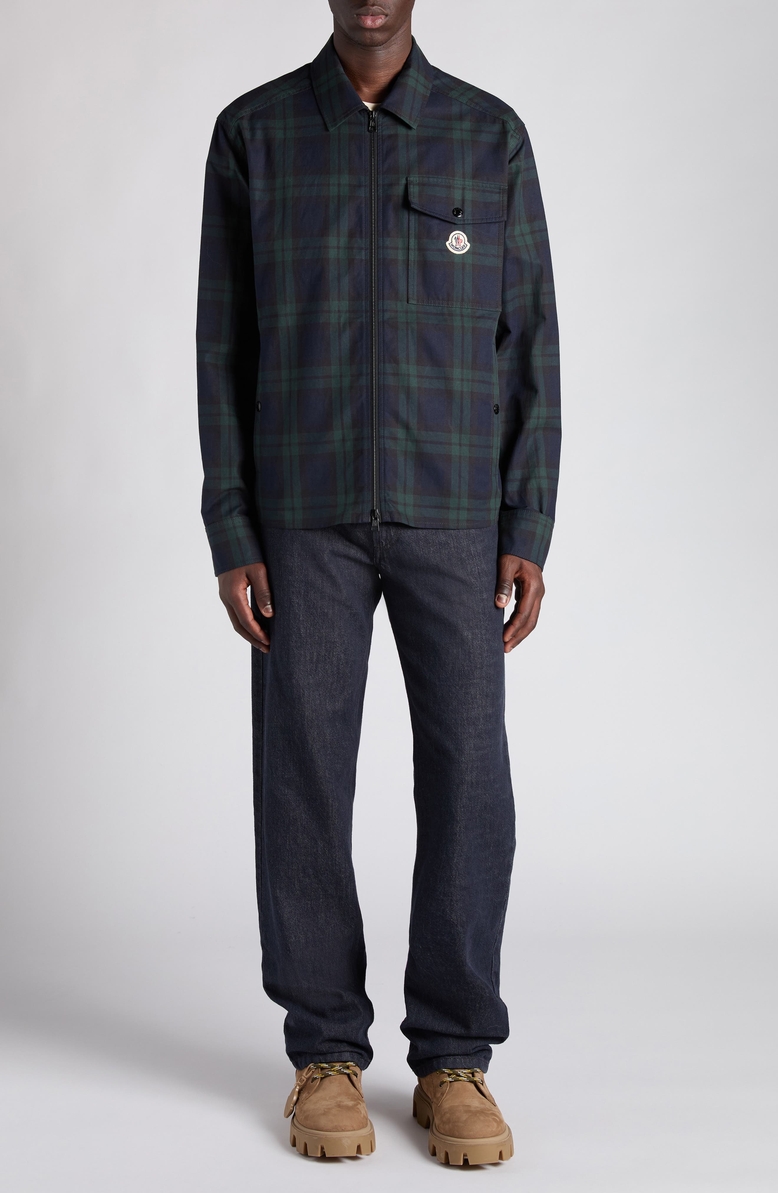Moncler Camicia Plaid Cotton Zip Shirt Jacket in Black Watch at Nordstrom - 2