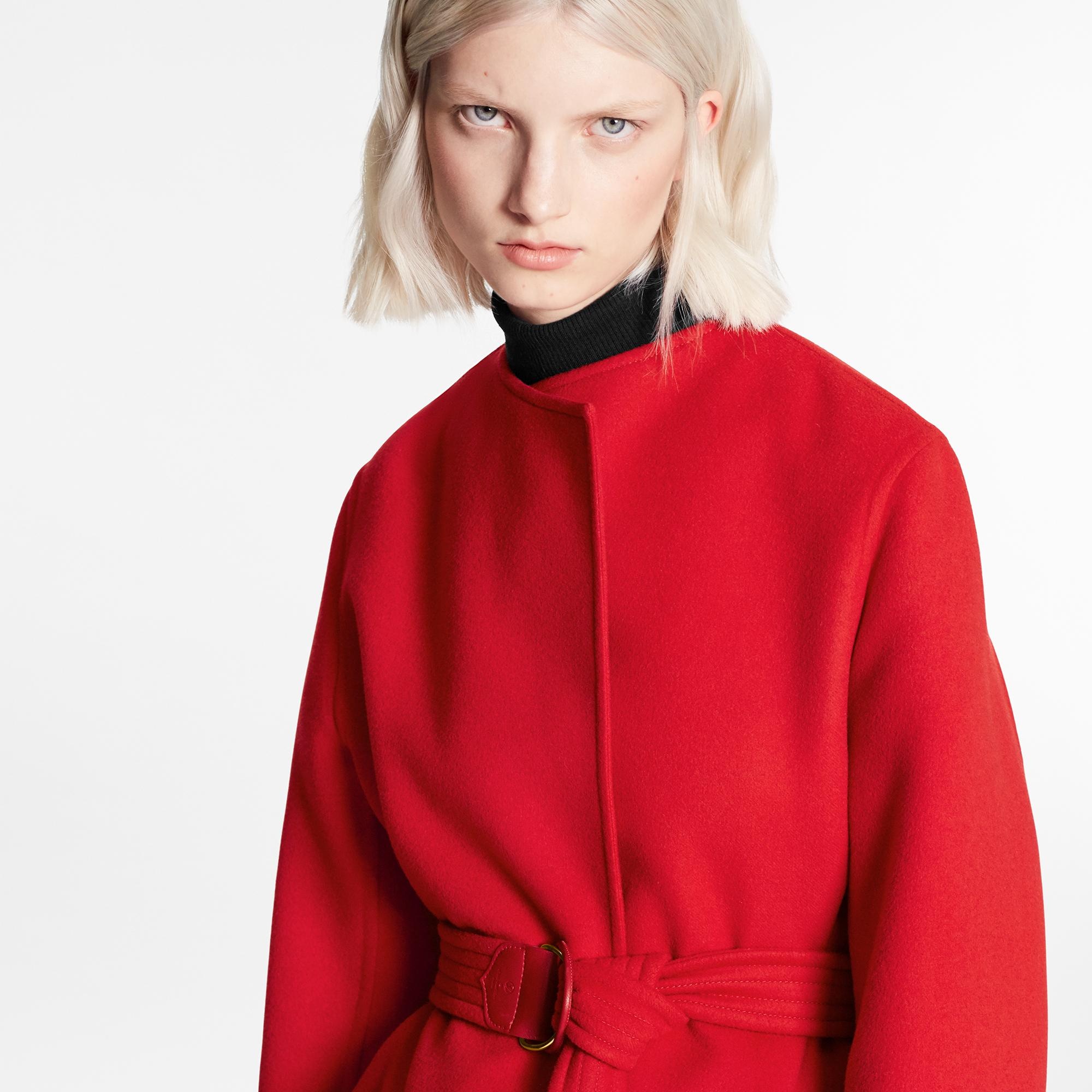 Collarless Red Wool Wrap Coat - 3