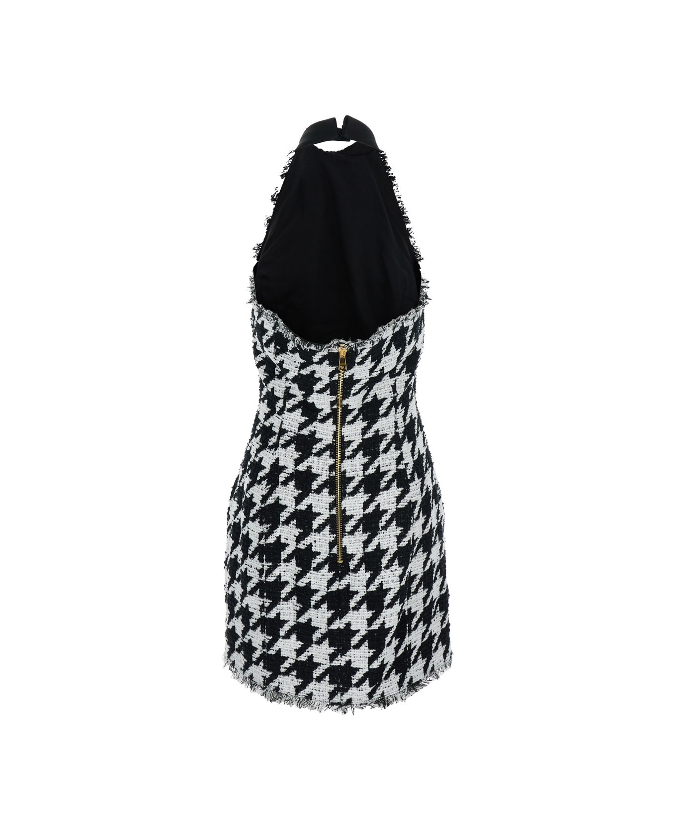 Buttoned Halterneck Tweed & Satin Dress - 2