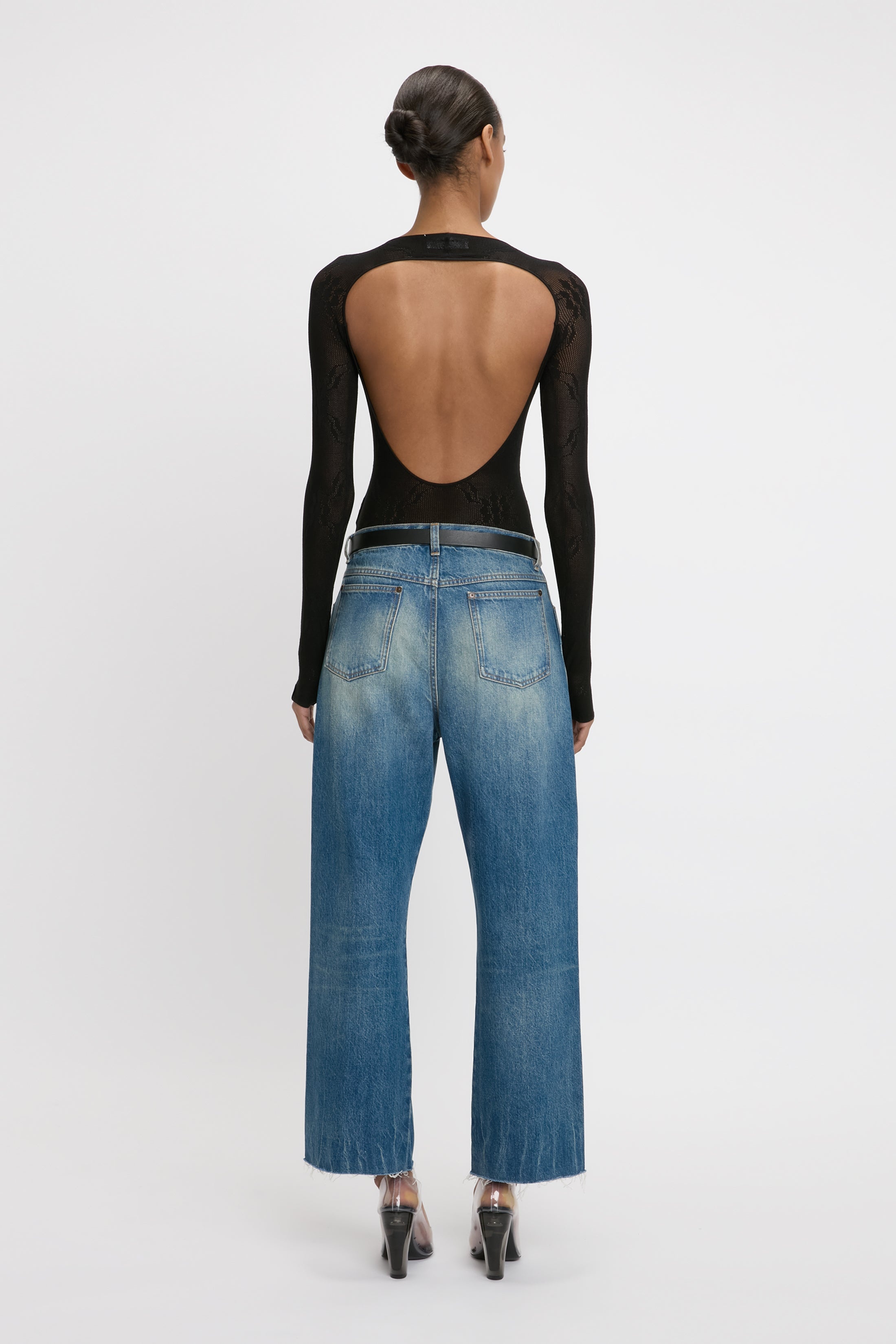 Long Sleeve Backless Bodysuit In Black - 4