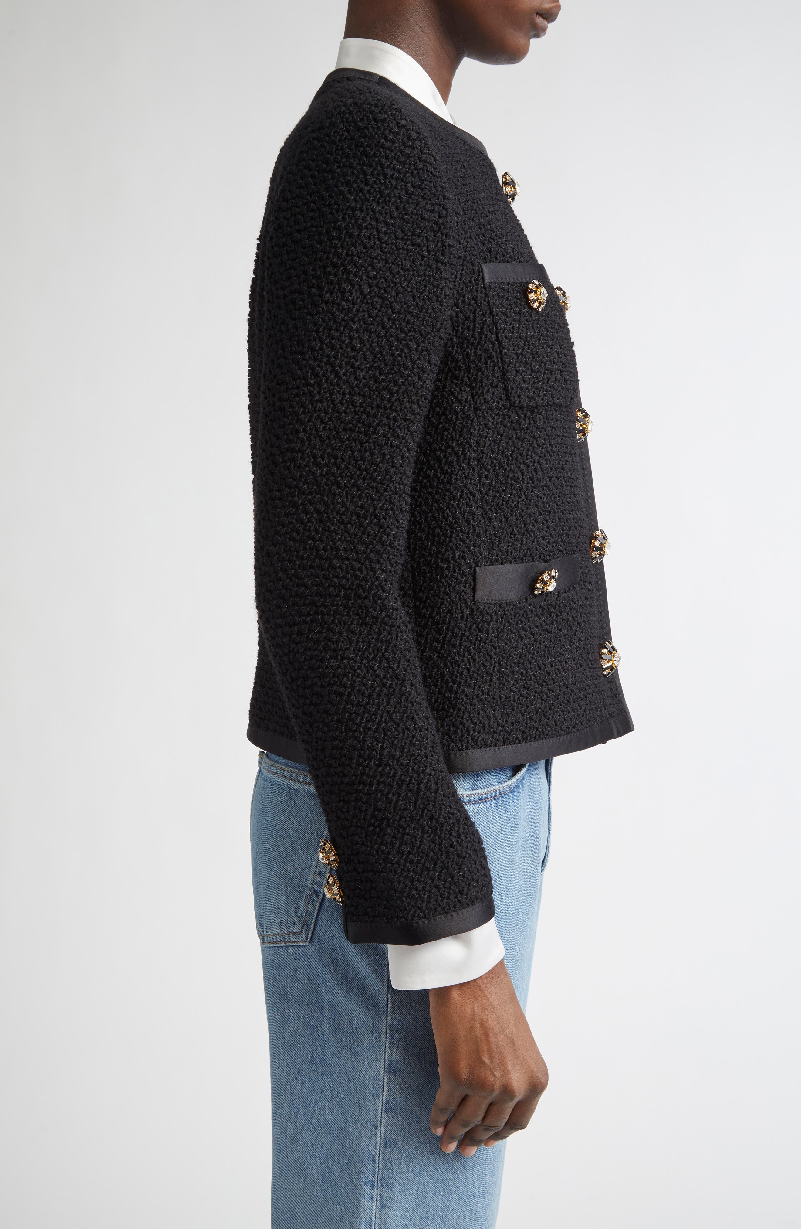 Dolce&Gabbana Bejeweled Button Crop Bouclé Tweed Jacket in Nero at Nordstrom - 2