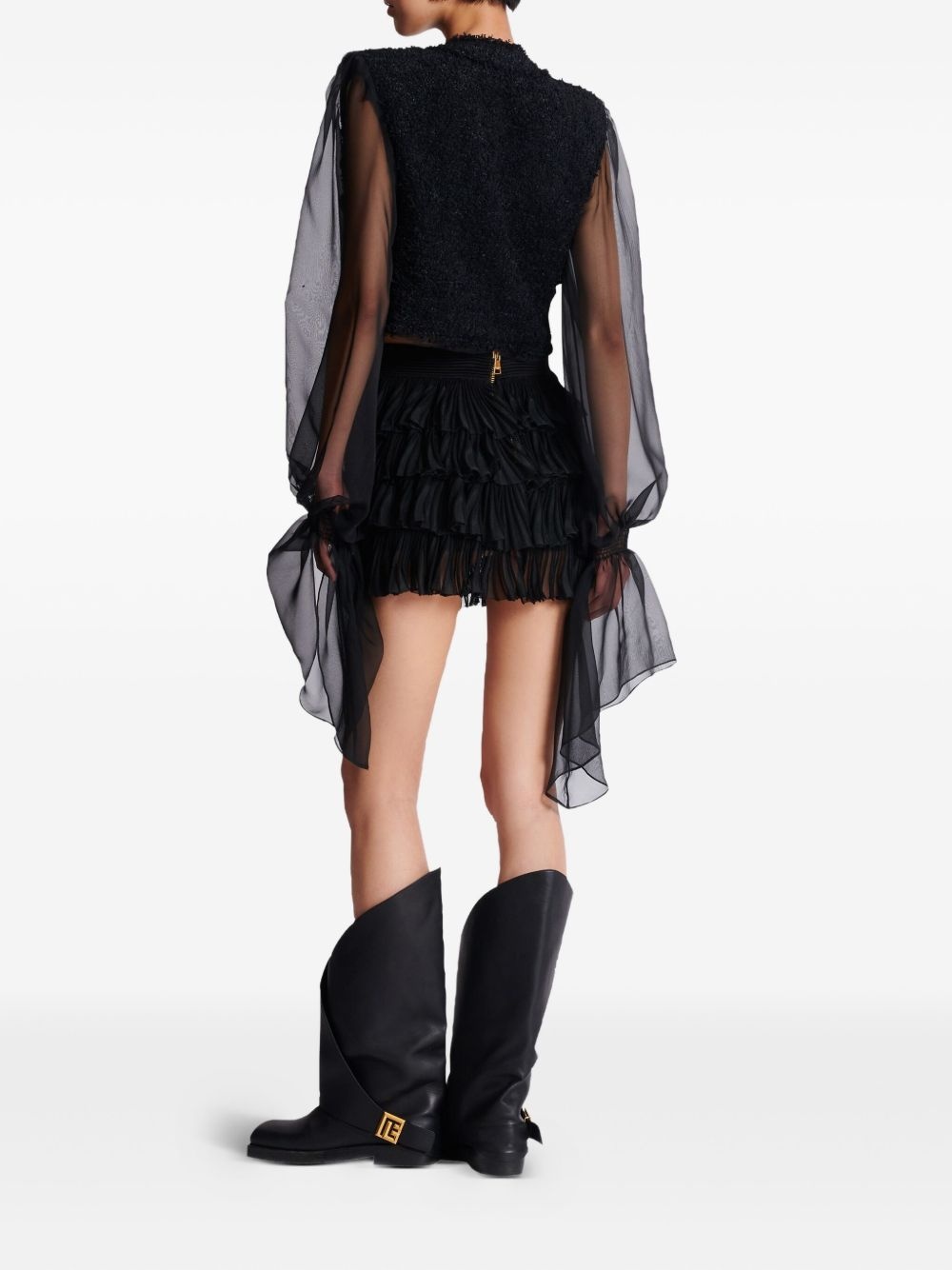 chiffon-sleeve tweed jacket - 4