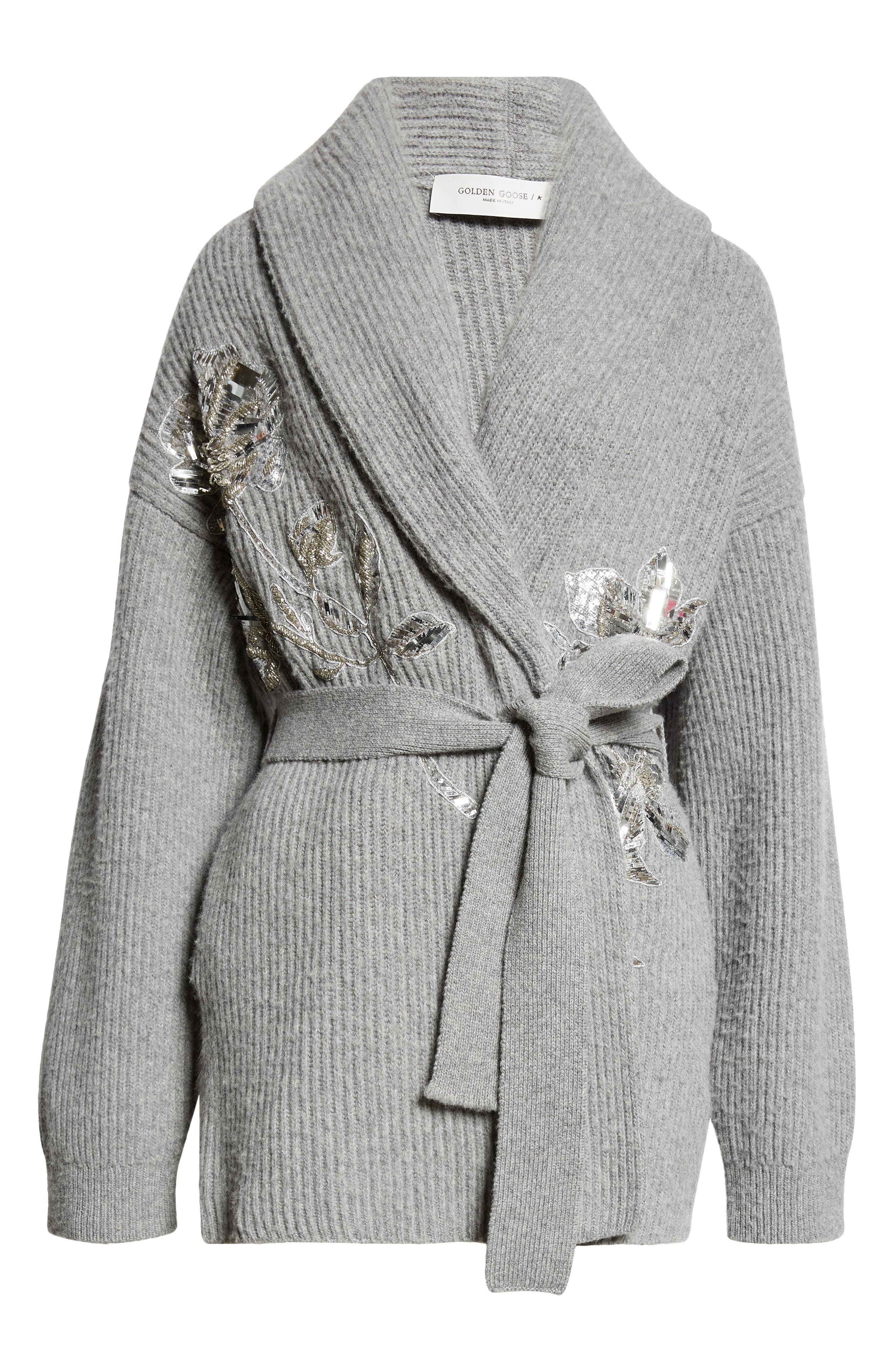 Golden Goose Embellished Virgin Wool Belted Cardigan in Grey Melange at Nordstrom - 6