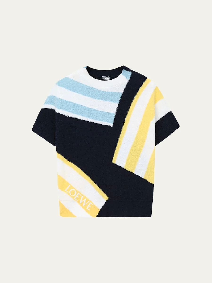 Striped Fuzzy Knit Short-Sleeve Sweater - 1