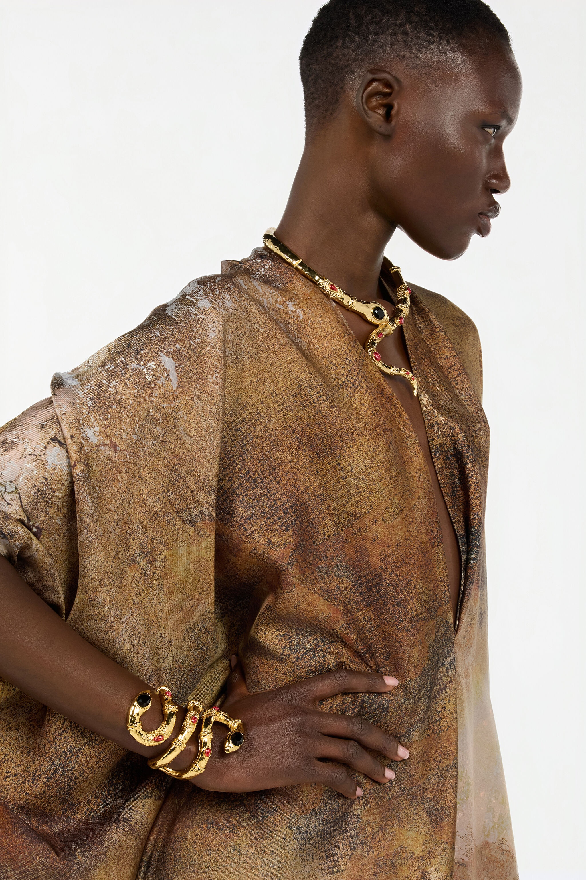 Beige Silk Caftan with Marble Print - 6