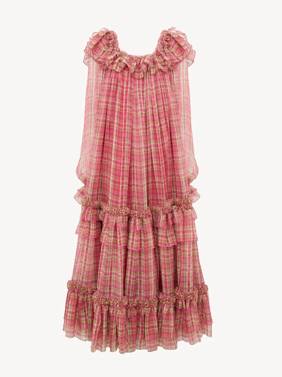 SQUARE-NECK MIDI DRESS IN CHECK SILK MOUSSELINE - 1