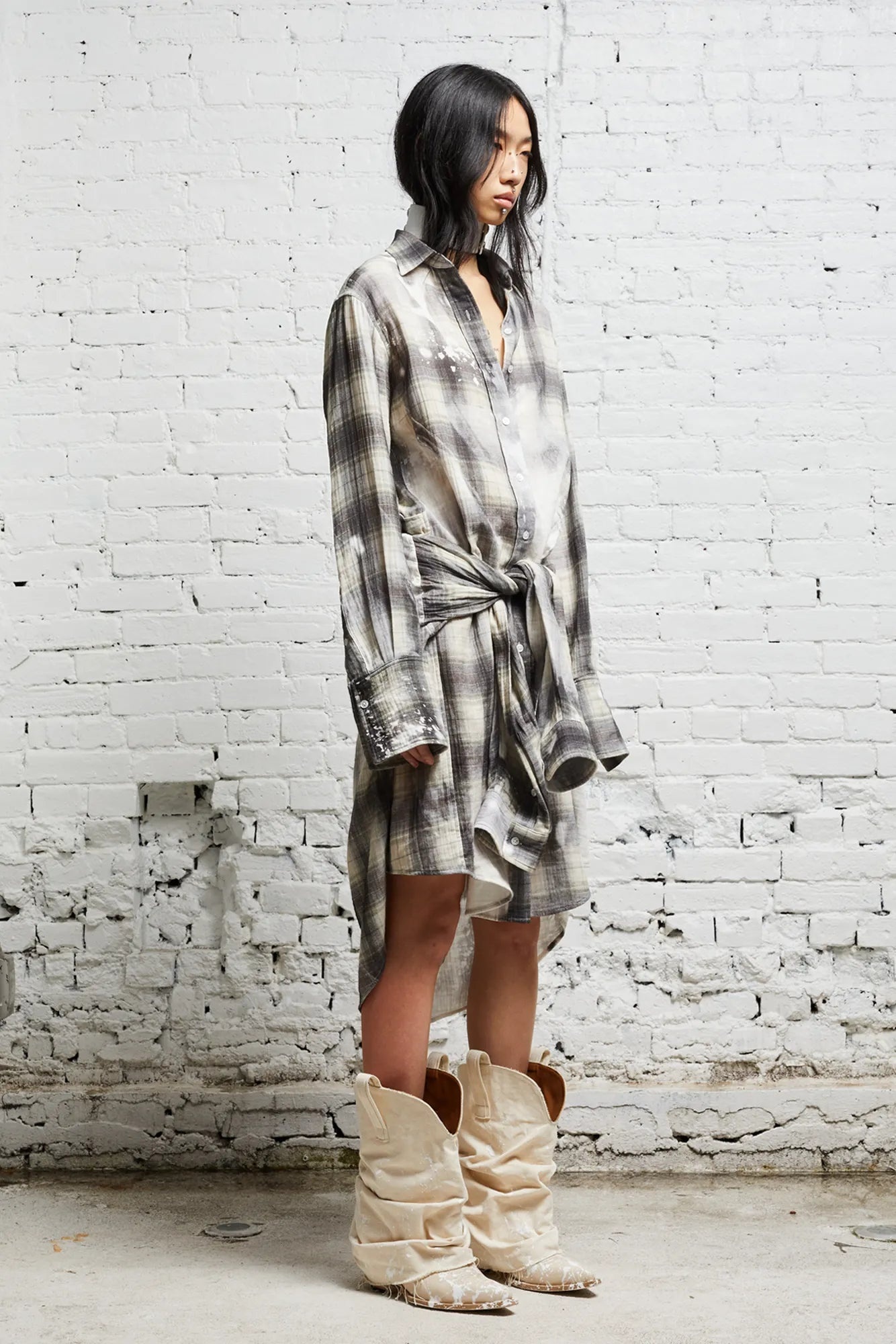 TIE SHIRTDRESS - BLEACHED GREY PLAID - 4