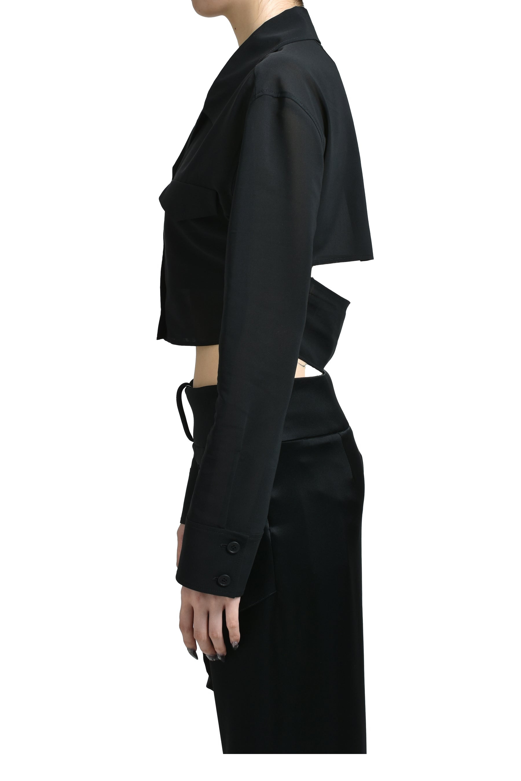 2-POCKET COTTON CROP SHIRT / BLK - 3