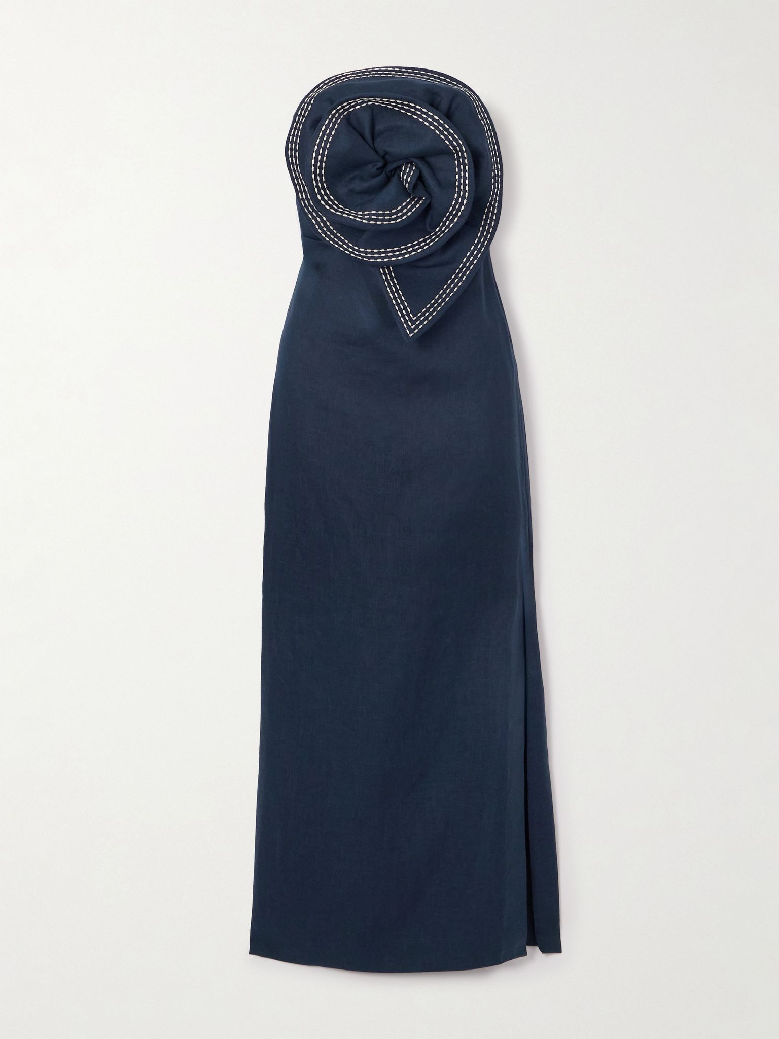 Tactos strapless embroidered appliquéd linen maxi dress Navy - 1