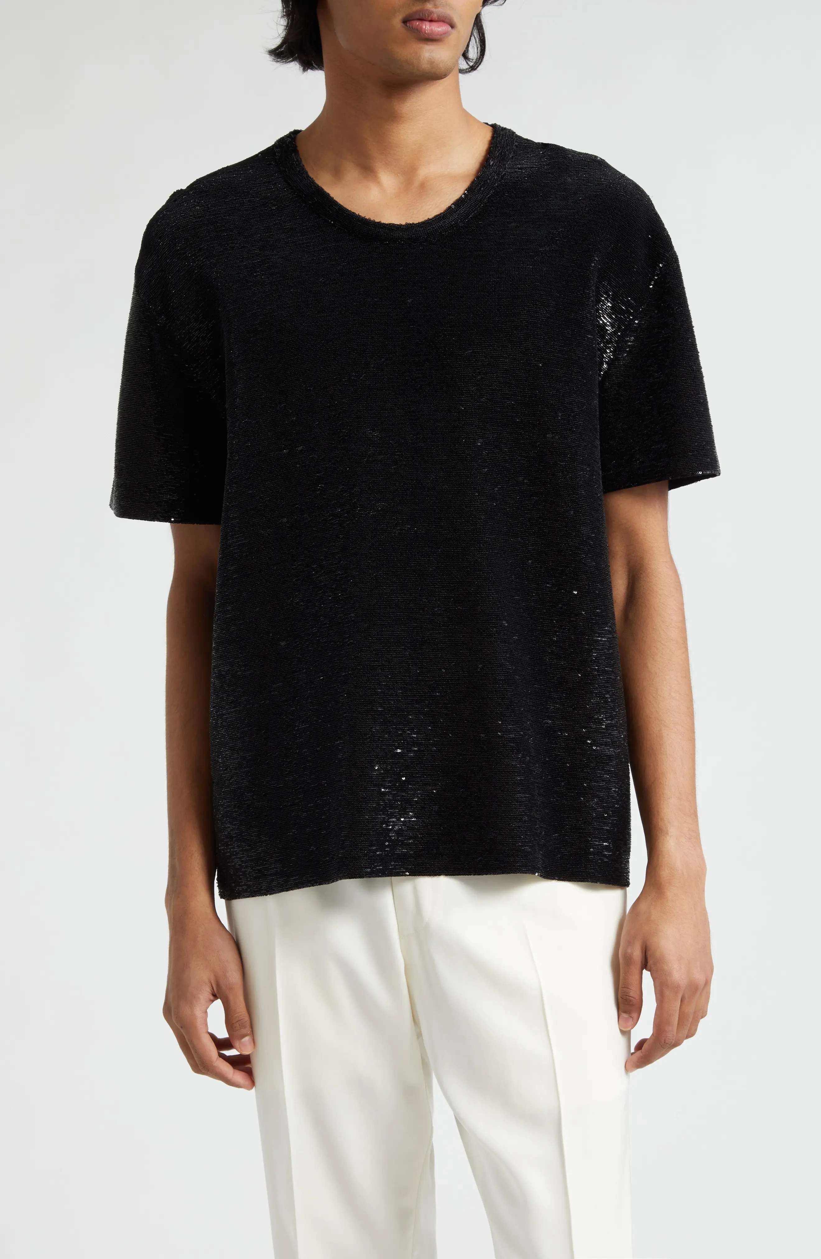 Sequin Embellished Short Sleeve Silk Sweater - 1