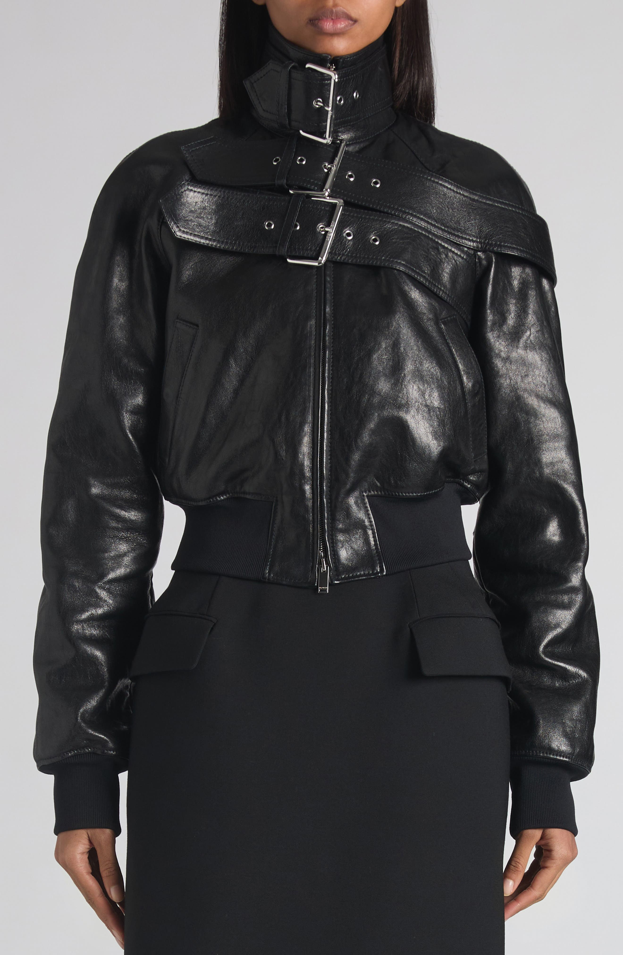 McQueen Belt Detail Lambskin Leather Bomber Jacket in Black at Nordstrom - 5
