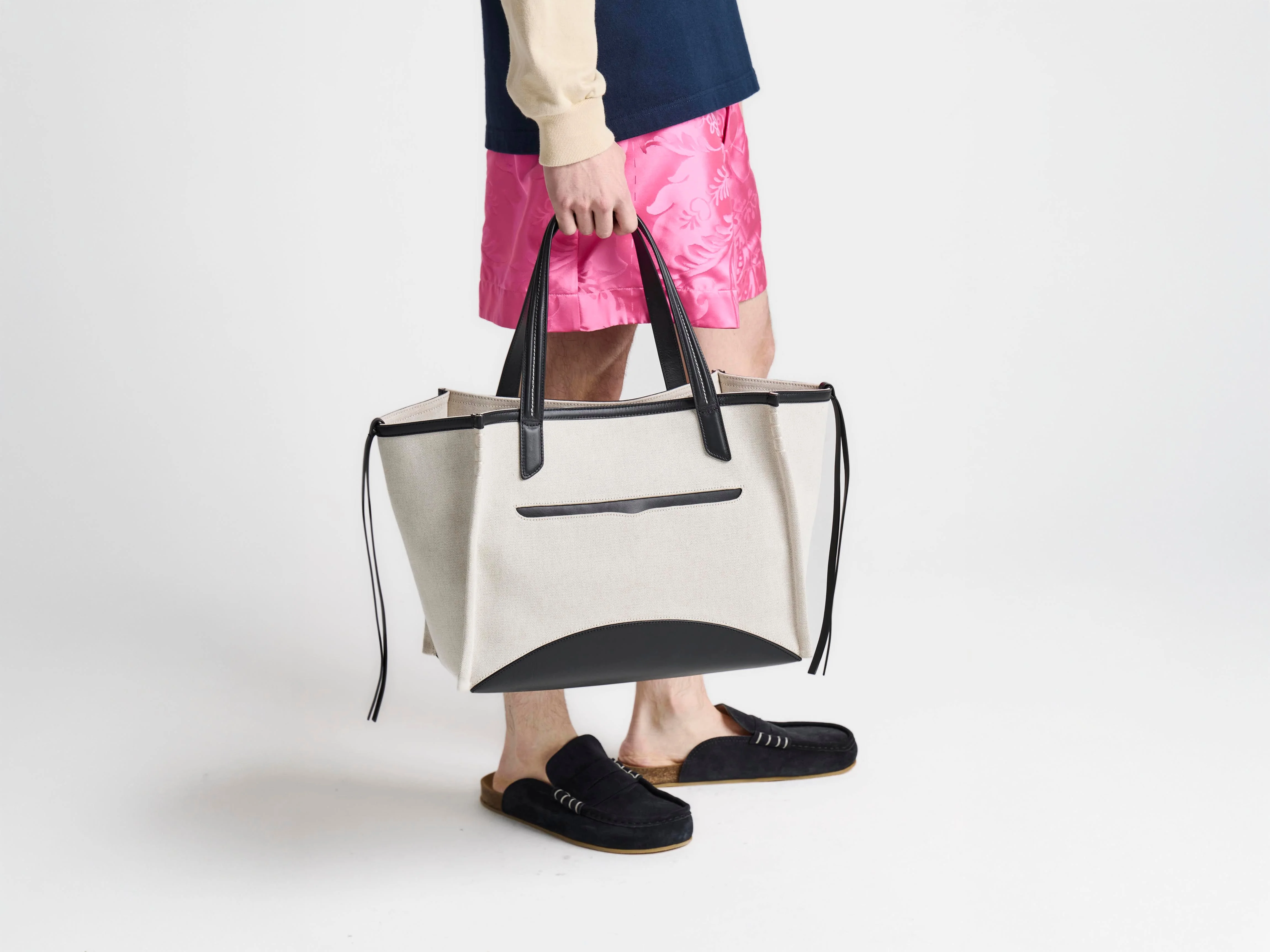 LOAFER CABAS BAG IN NATURAL CANVAS & BLACK LEATHER - 1