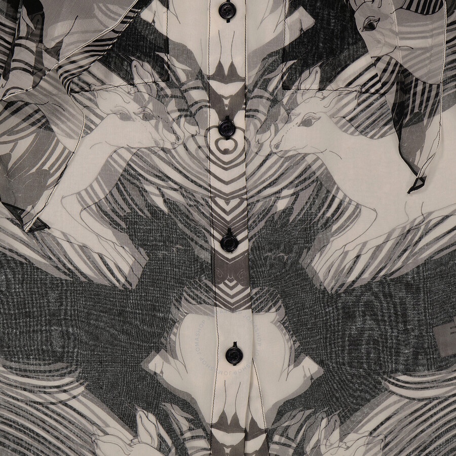 Burberry Ladies Monochrome Deer Print Silk Chiffon Pussy-bow Blouse - 7