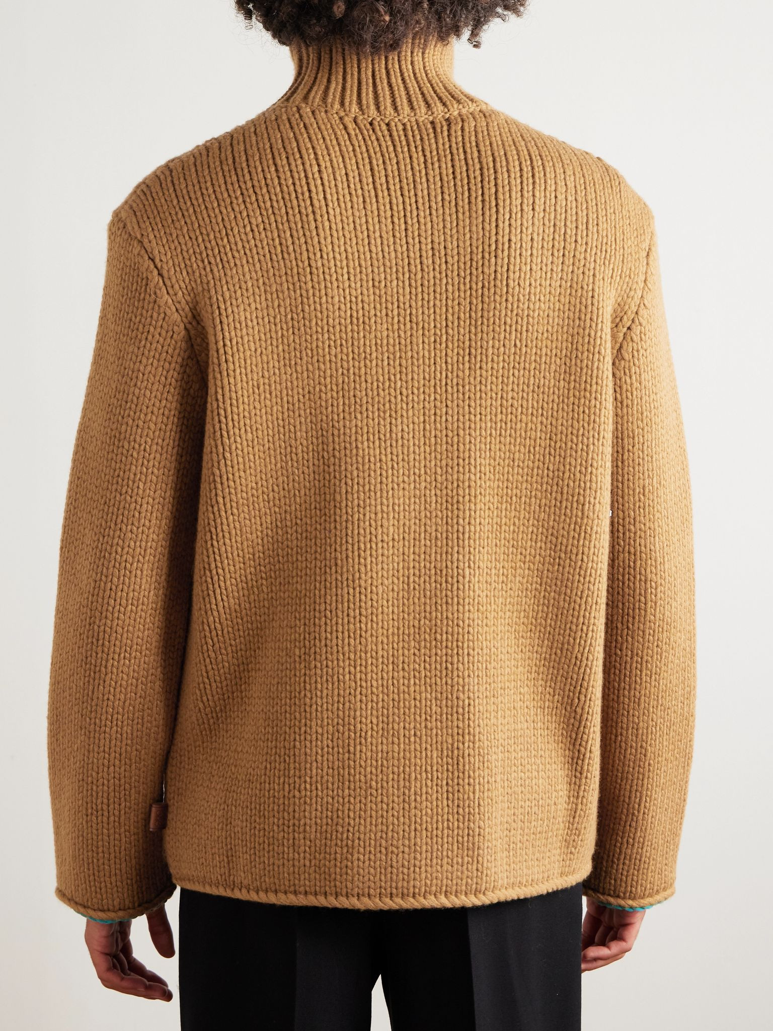 Suede-Trimmed Wool Rollneck Sweater Tan - 4