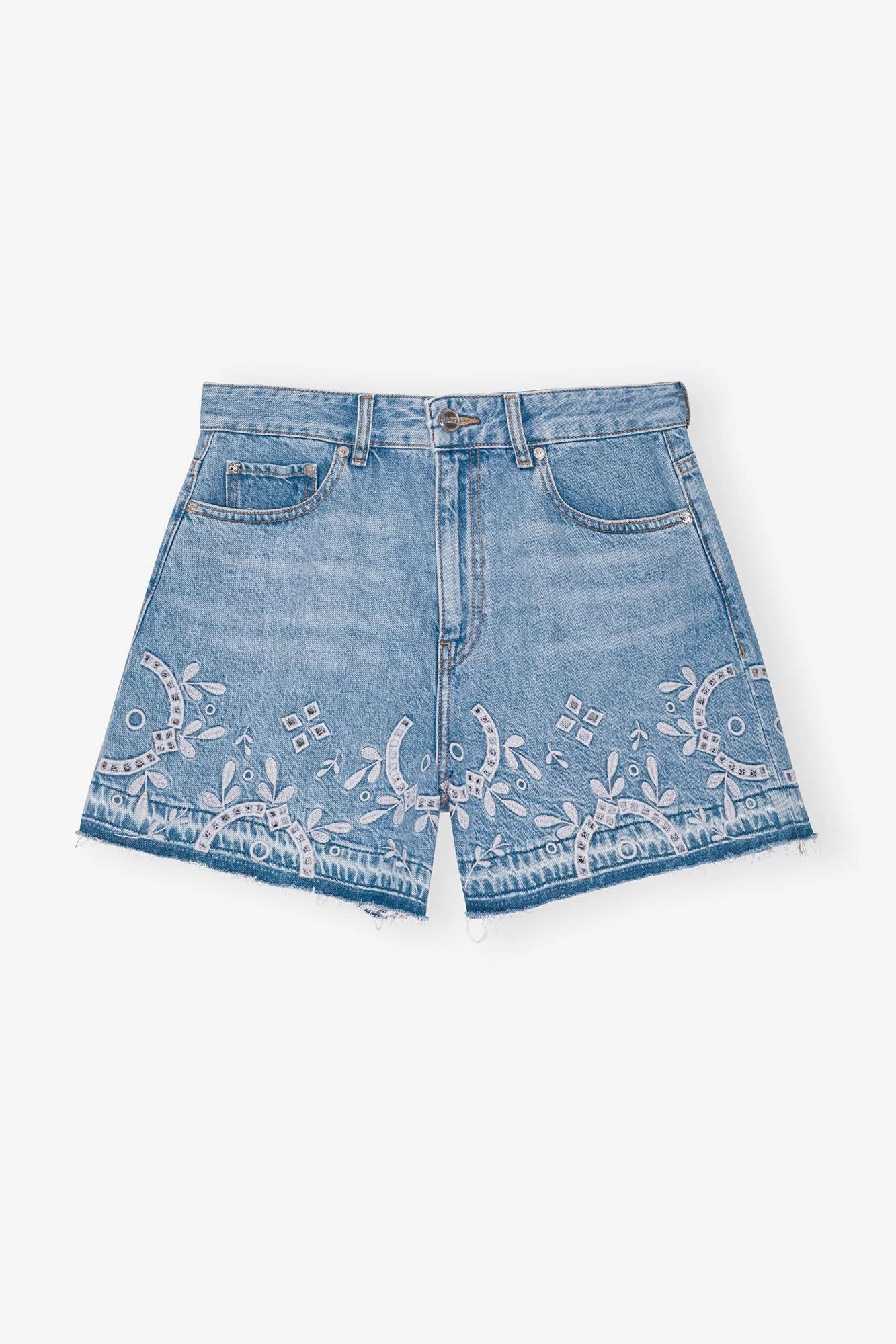 LIGHT BLUE BRODERIE ANGLAISE DENIM SHORTS - 1