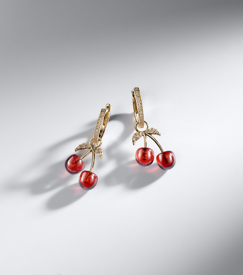 Cherry 14kt gold hoop earrings with garnets and diamonds 5