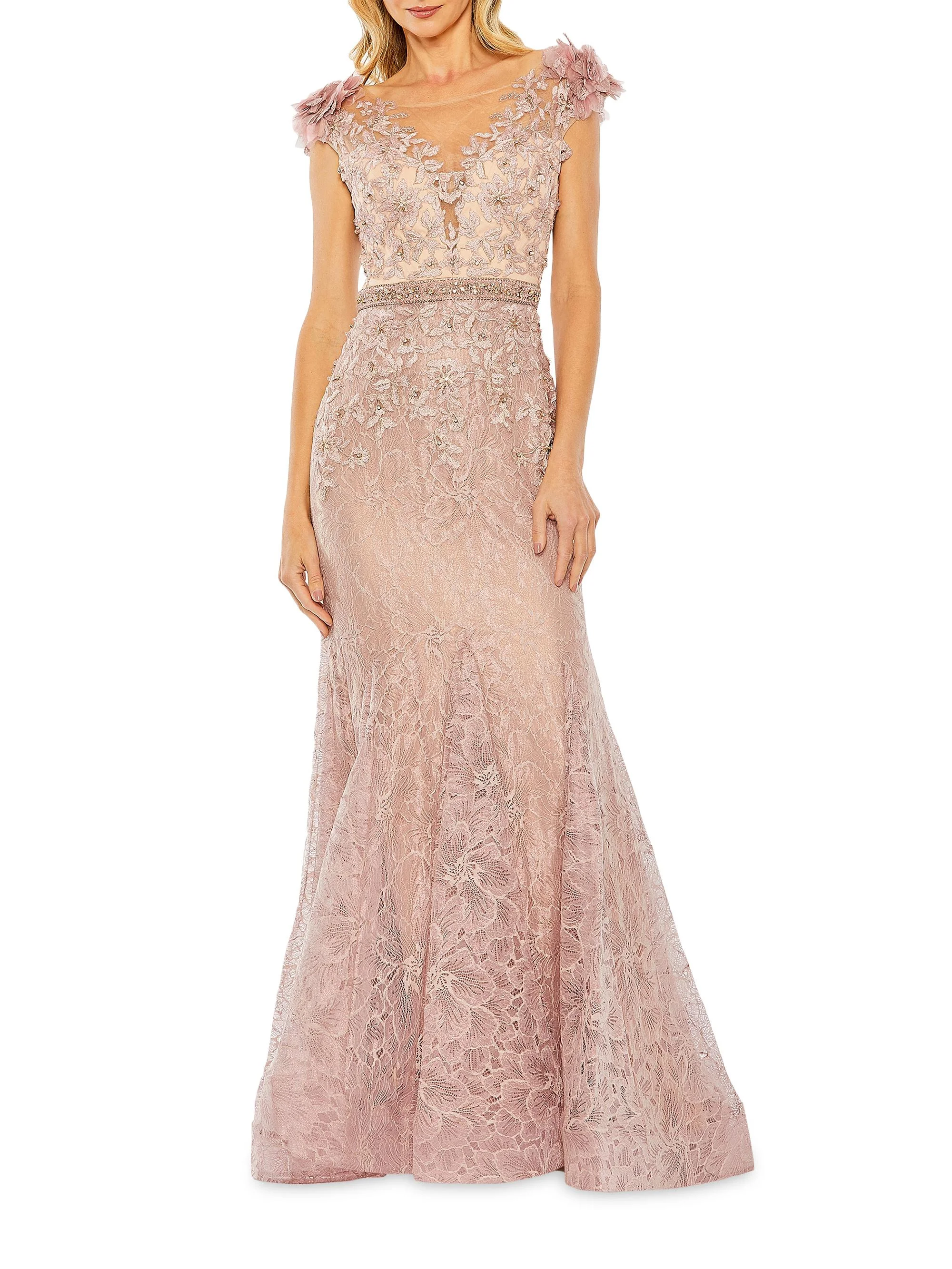 Women's Beaded Lace Gown - Mocha - 1