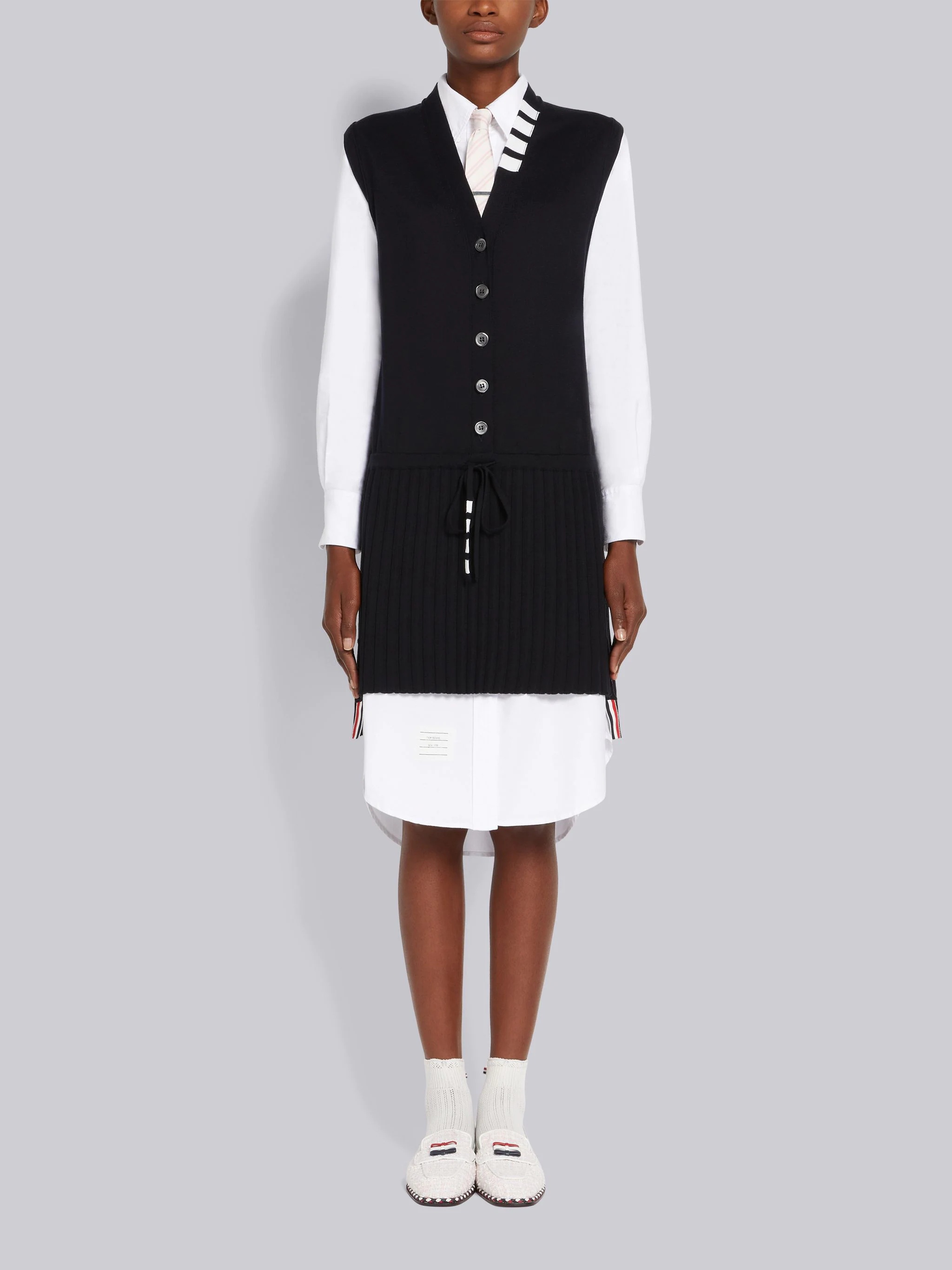 Navy Stretch Silk Cotton Jersey 4-Bar Trim Pleated Bottom Mini Vest Dress - 1