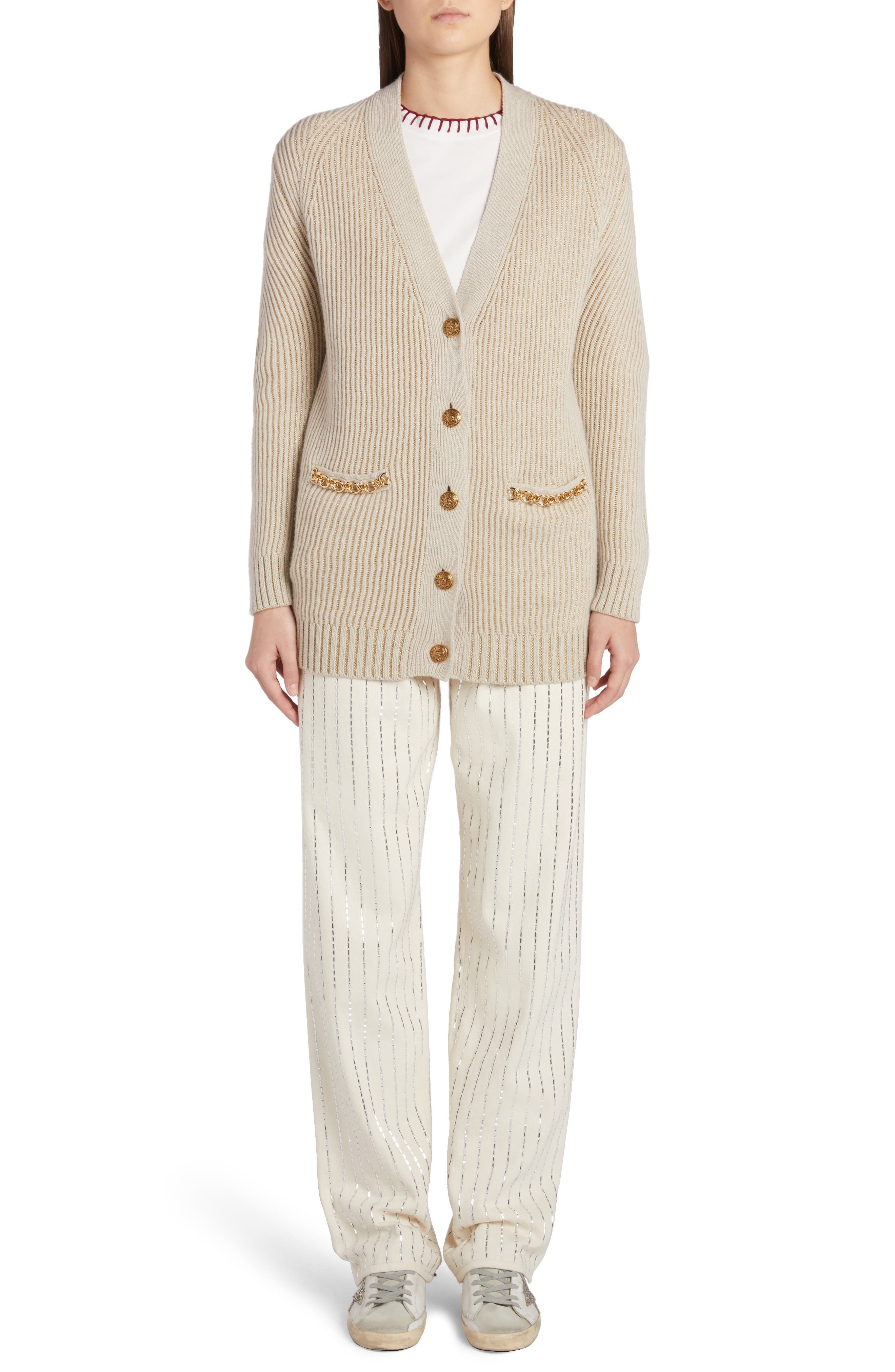 Golden Goose Chain Detail Wool Blend Rib Cardigan in Lambs Wool/Gold at Nordstrom - 6
