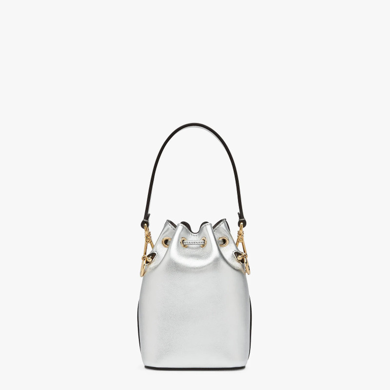 Small Mon Tresor bucket bag in silver leather, with hot-stamped graduated FENDI ROMA print. Lined in 3