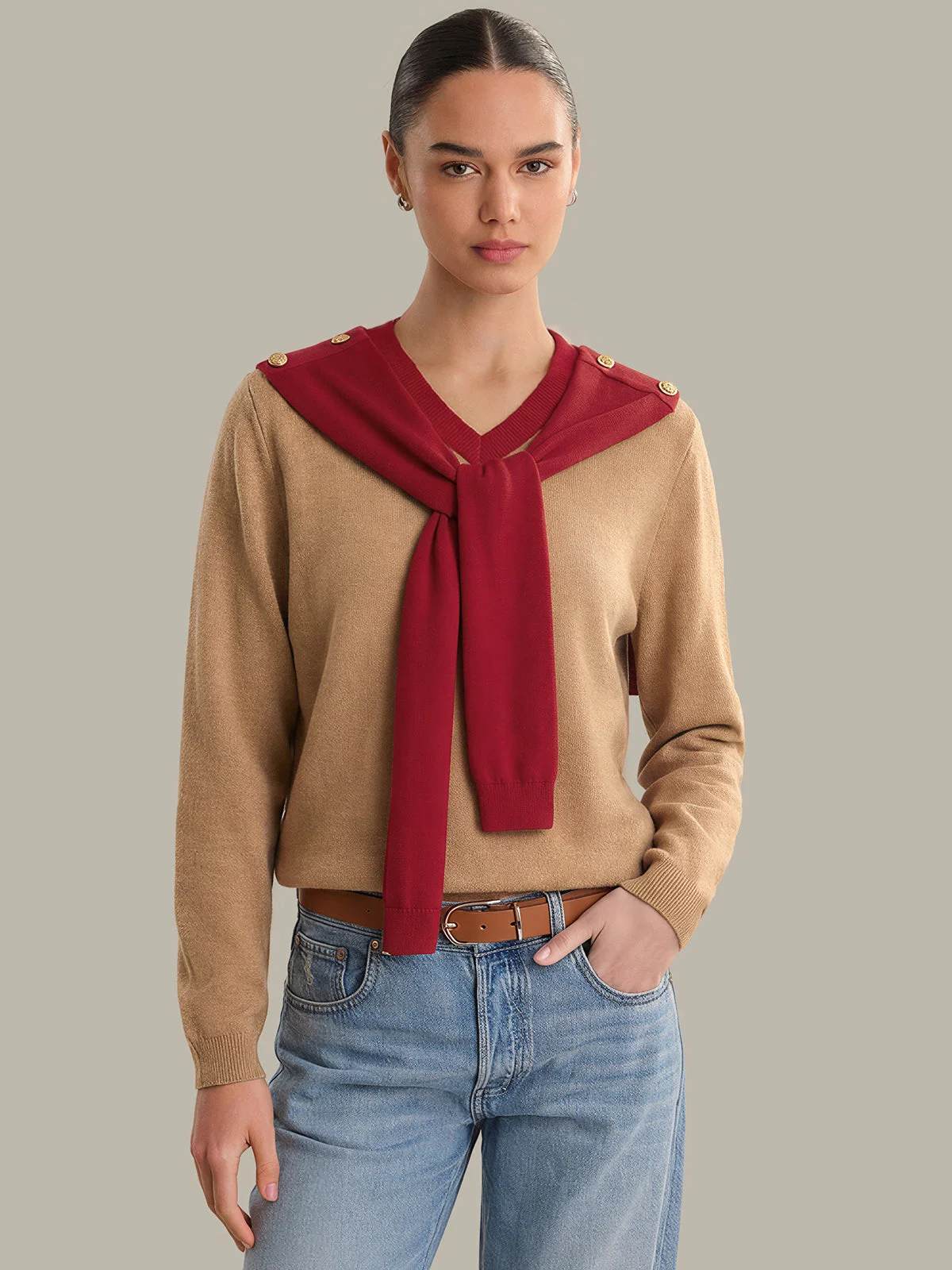 Cerise: Cotton Shawl V-Neck Pullover - 1