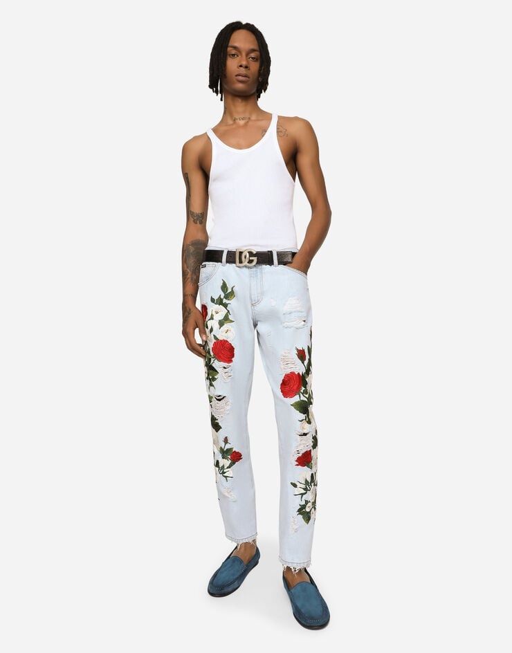 Loose light blue jeans with floral embroidery - 6