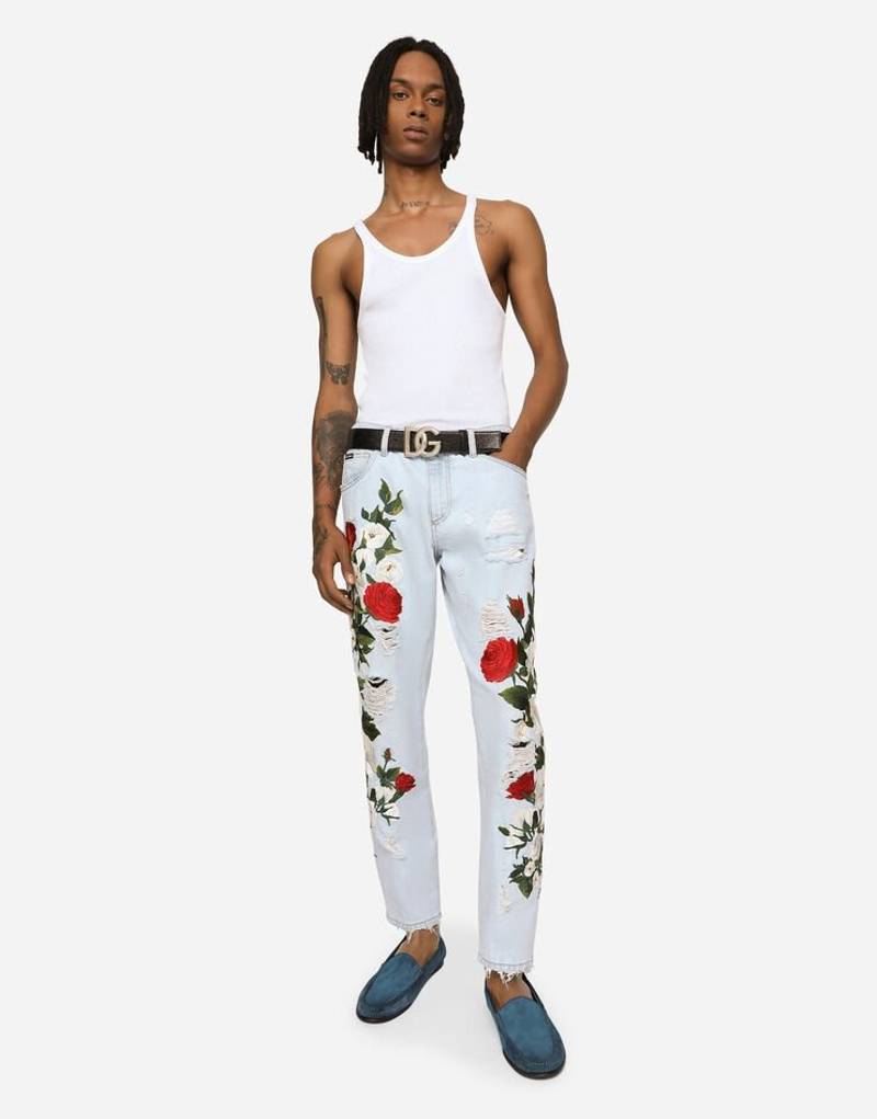 Dolce & Gabbana Loose light blue jeans with floral embroidery outlook