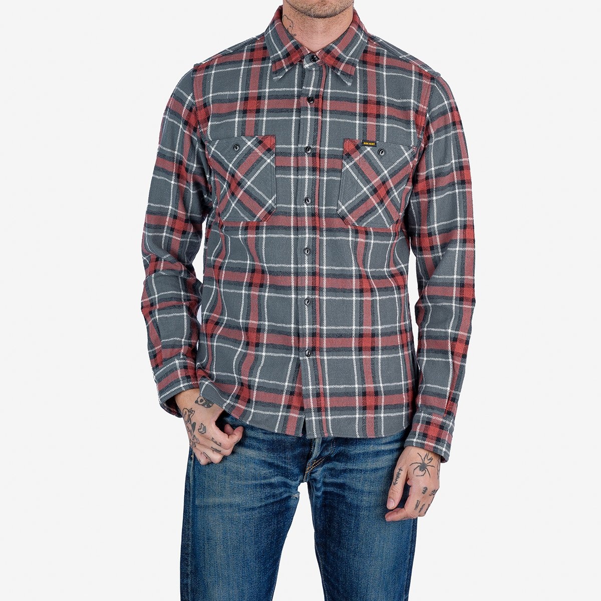 IHSH-375-GRY 12oz Slubby Heavy Flannel Herringbone Check Work Shirt - Grey - 3