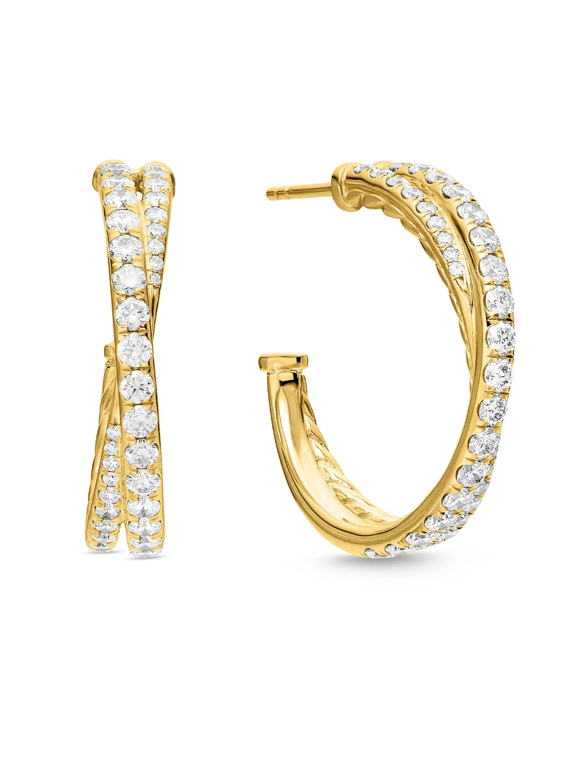 Women's Pavé Crossover Hoop Earrings in 18K Gold with Diamonds, 24mm - Yellow Gold - 1