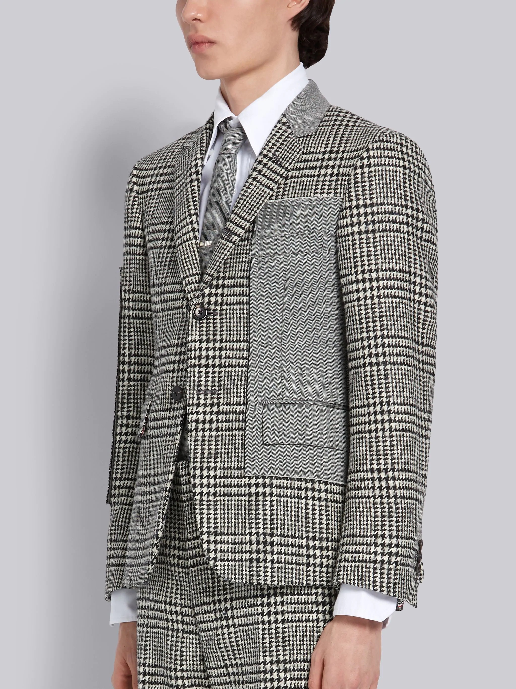 Black and White Shetland Wool Prince of Wales Collage Classic Jacket - 3