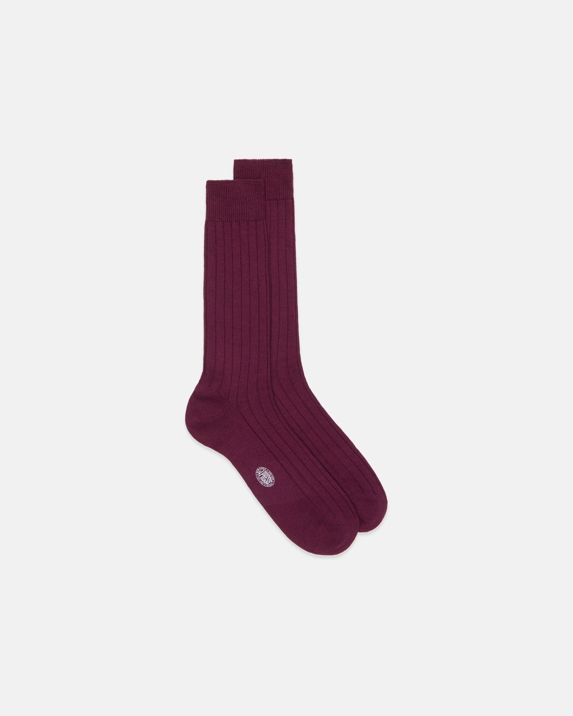 MADE-IN-ITALY SOLID BURGUNDY MID-CALF RIBBED WOOL SOCKS - 1