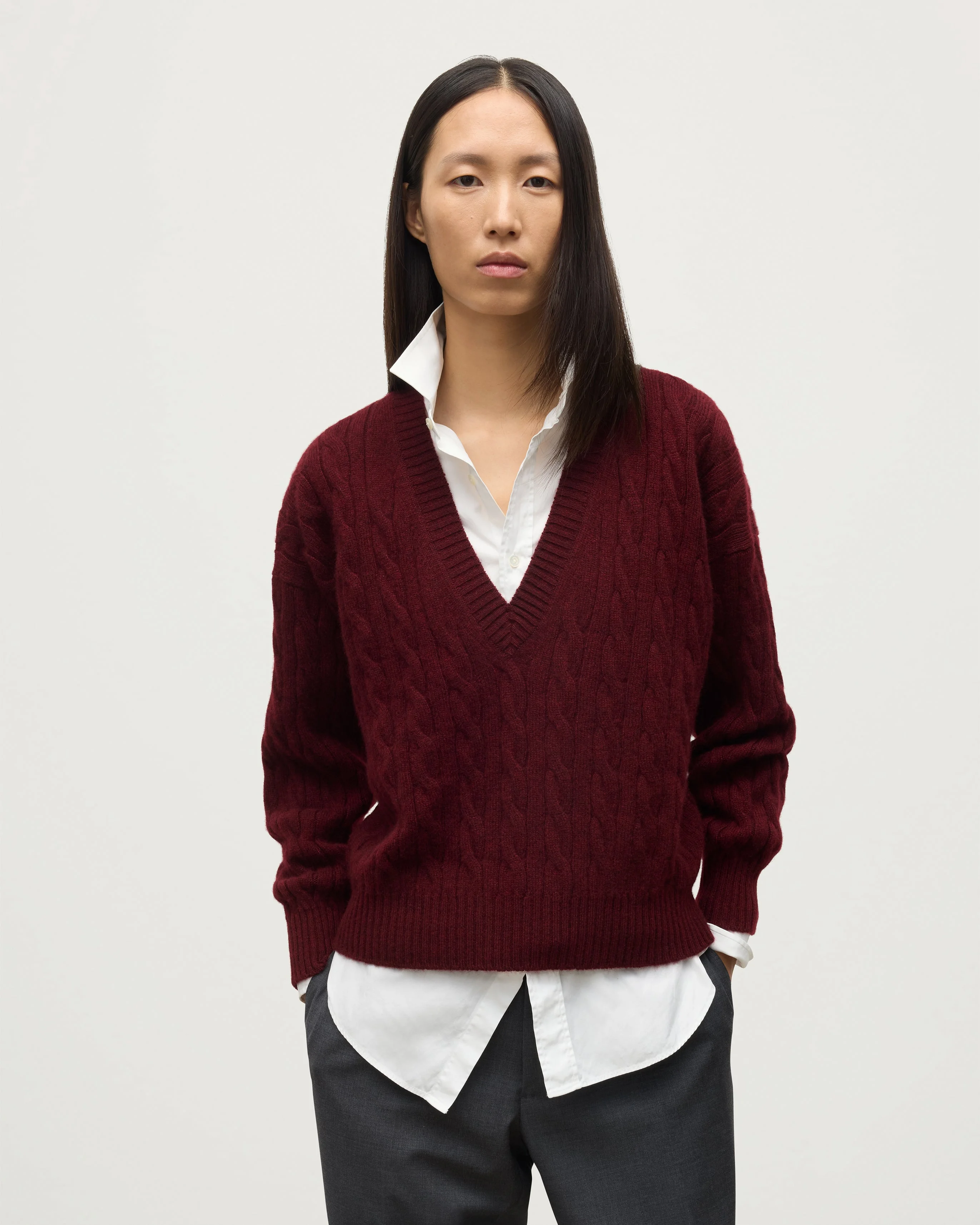 Kylesku Deep V Dark Red Cashmere Jumper - 1