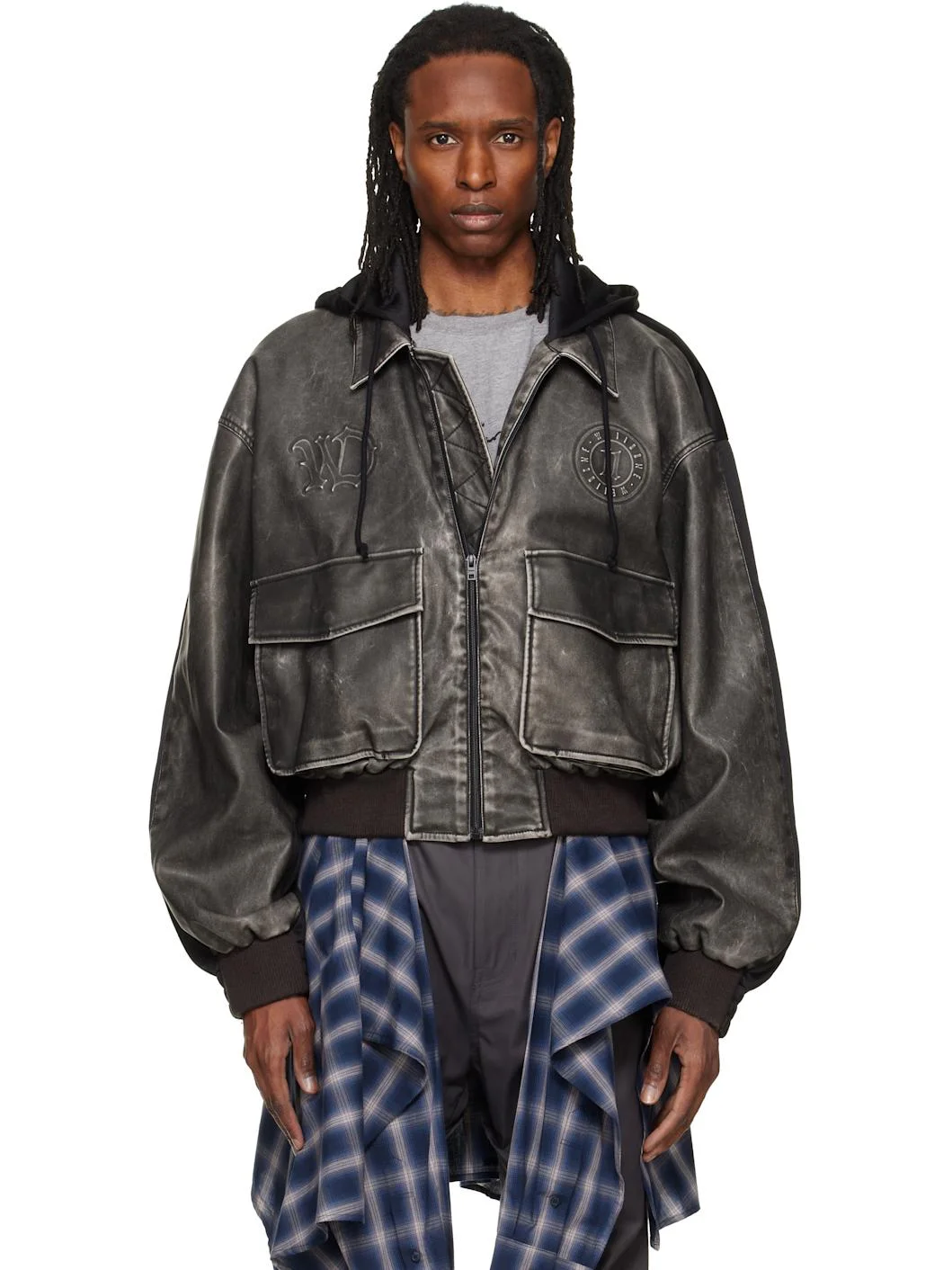 Black Hybrid Hooded Faux-Leather Track Jacket - 1
