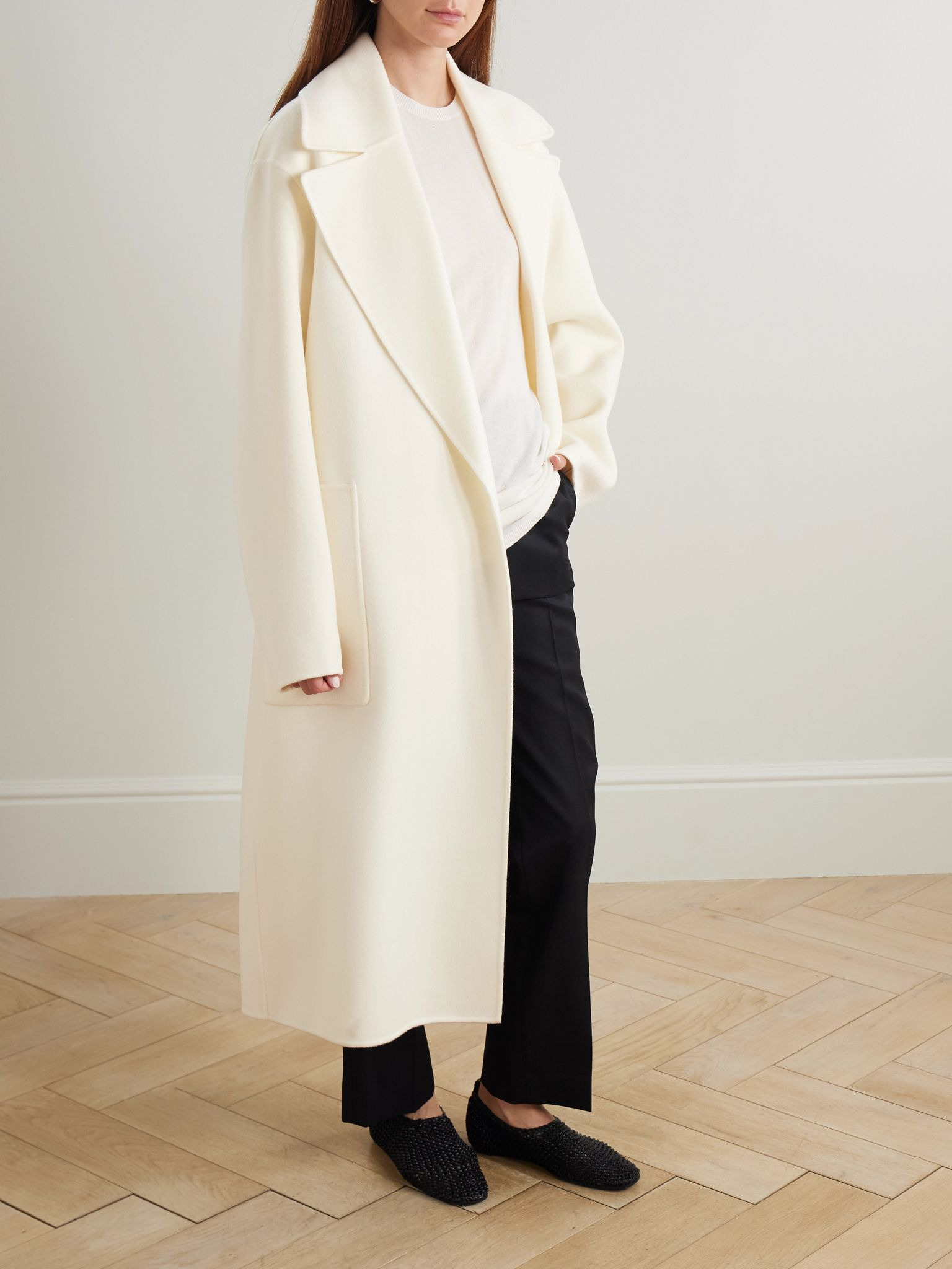 Abate leather-trimmed wool-felt coat Ecru - 3