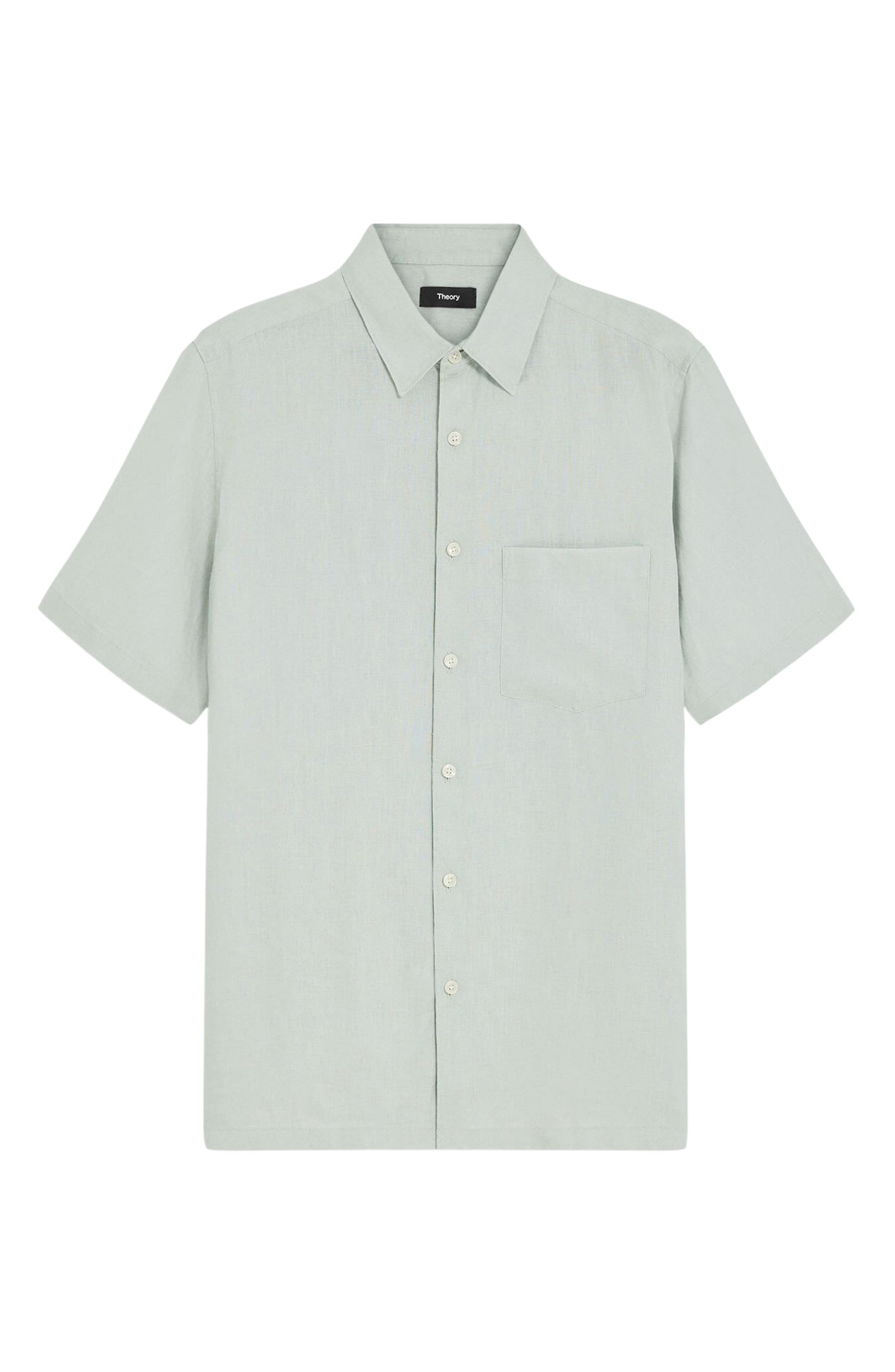 Theory Irving Solid Short Sleeve Linen Button-Up Shirt in Light Green at Nordstrom - 5