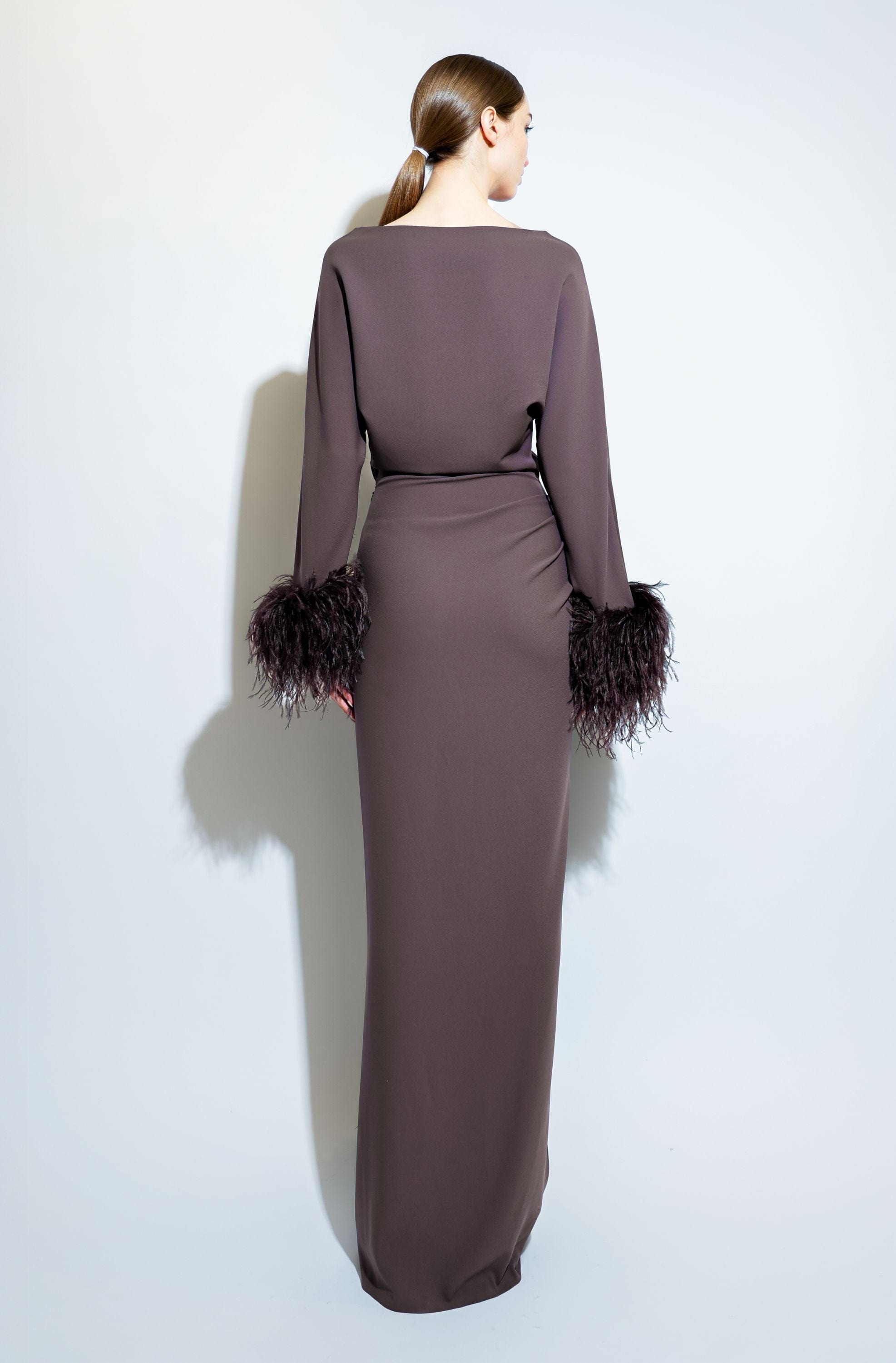 Stretch Drape Crepe Off The Shoulder Dress With Feathers - 3