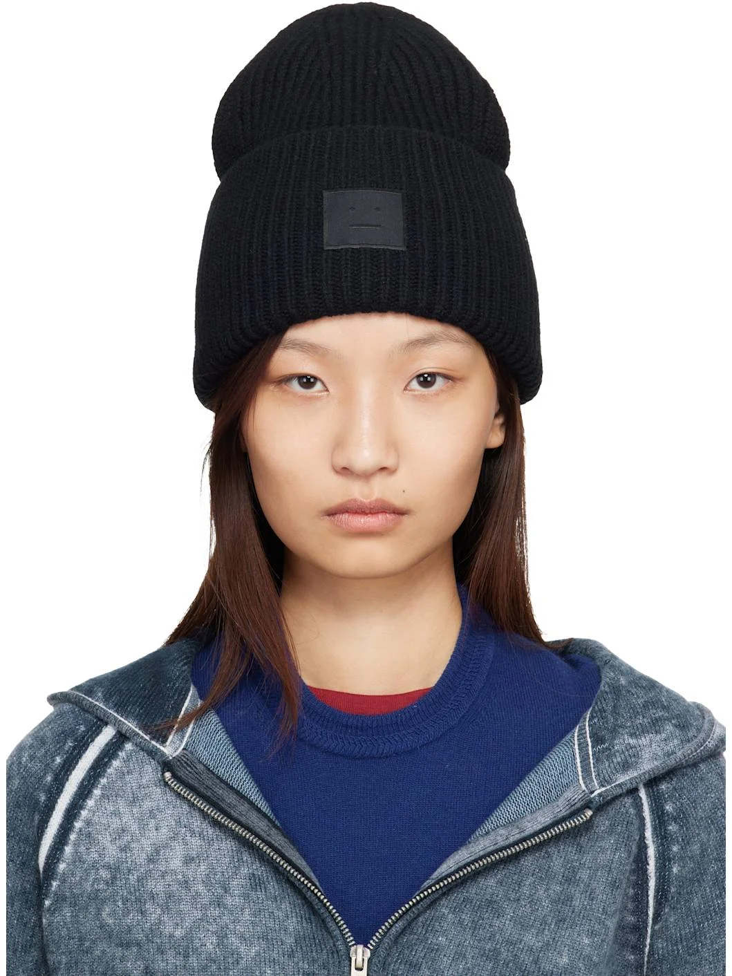 Black Large Face Logo Beanie - 1