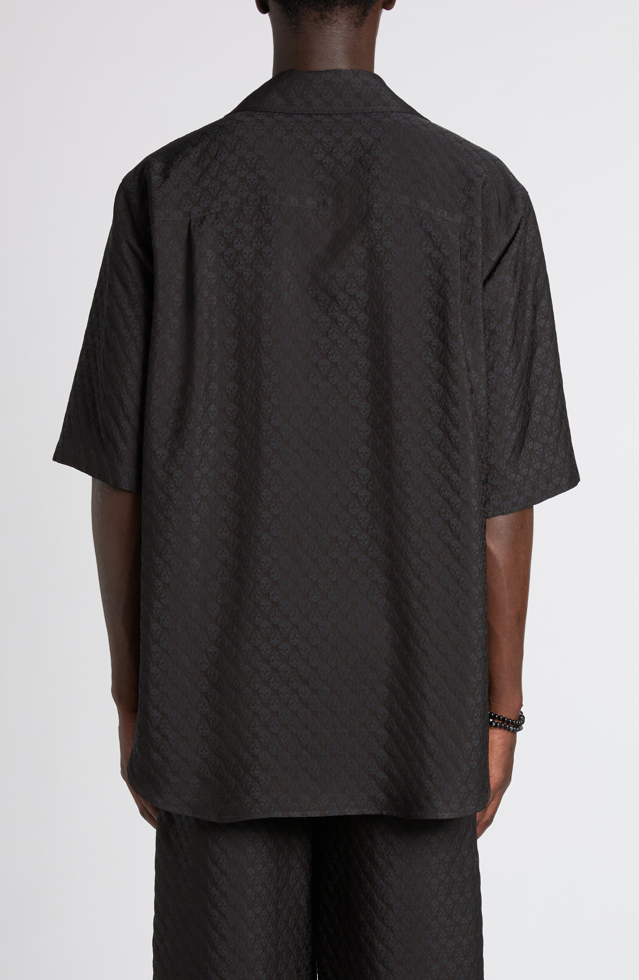 McQueen Skull Jacquard Satin Camp Shirt in Black/Black at Nordstrom - 3