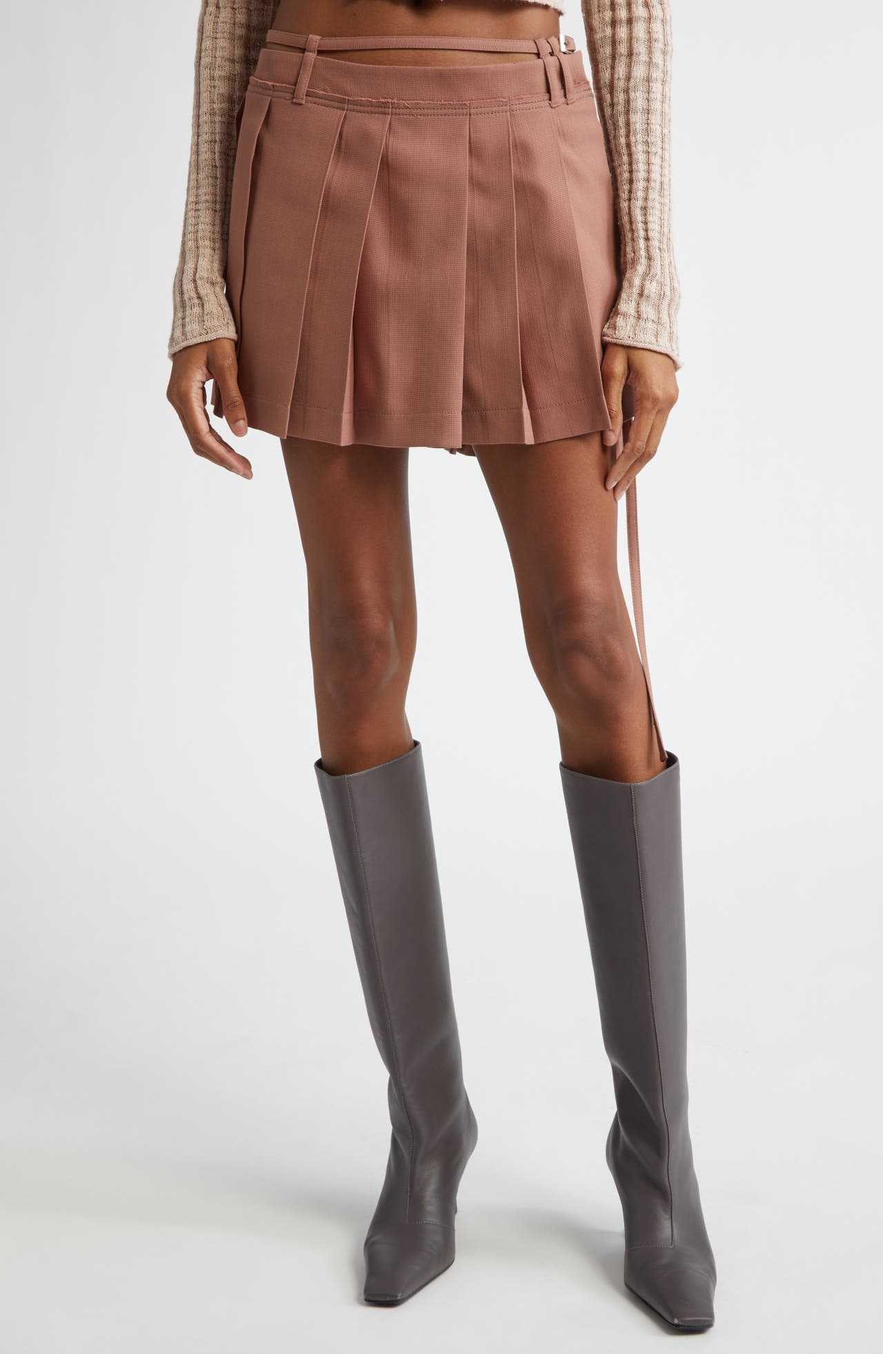 Acne Studios Ipleat Belted Pleated Miniskirt in Metallic Brown at Nordstrom - 1